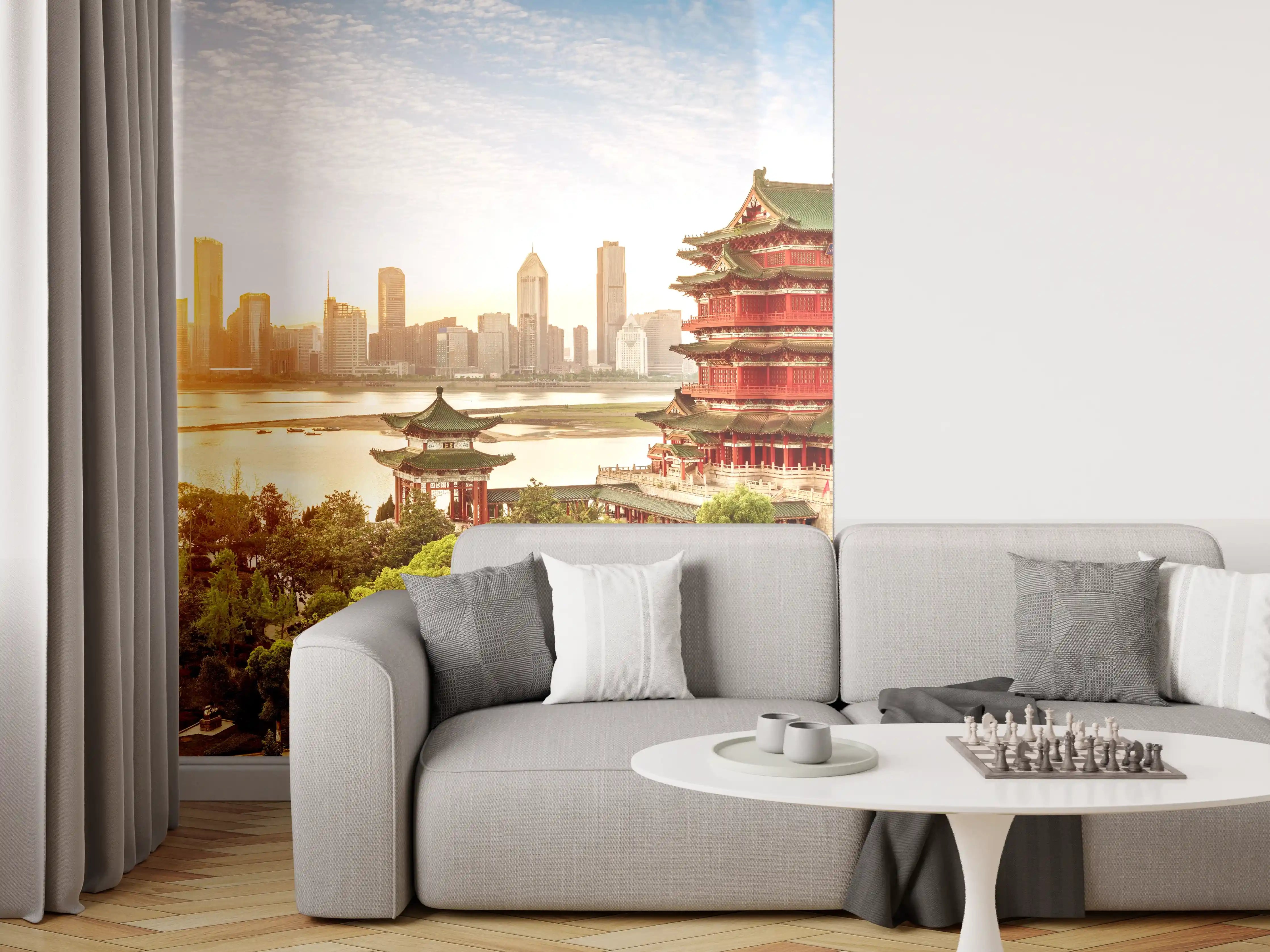 Wandverkleidung Wohnzimmer - Traditionelle chinesische Tempelanlage mit moderner Skyline im Hintergrund