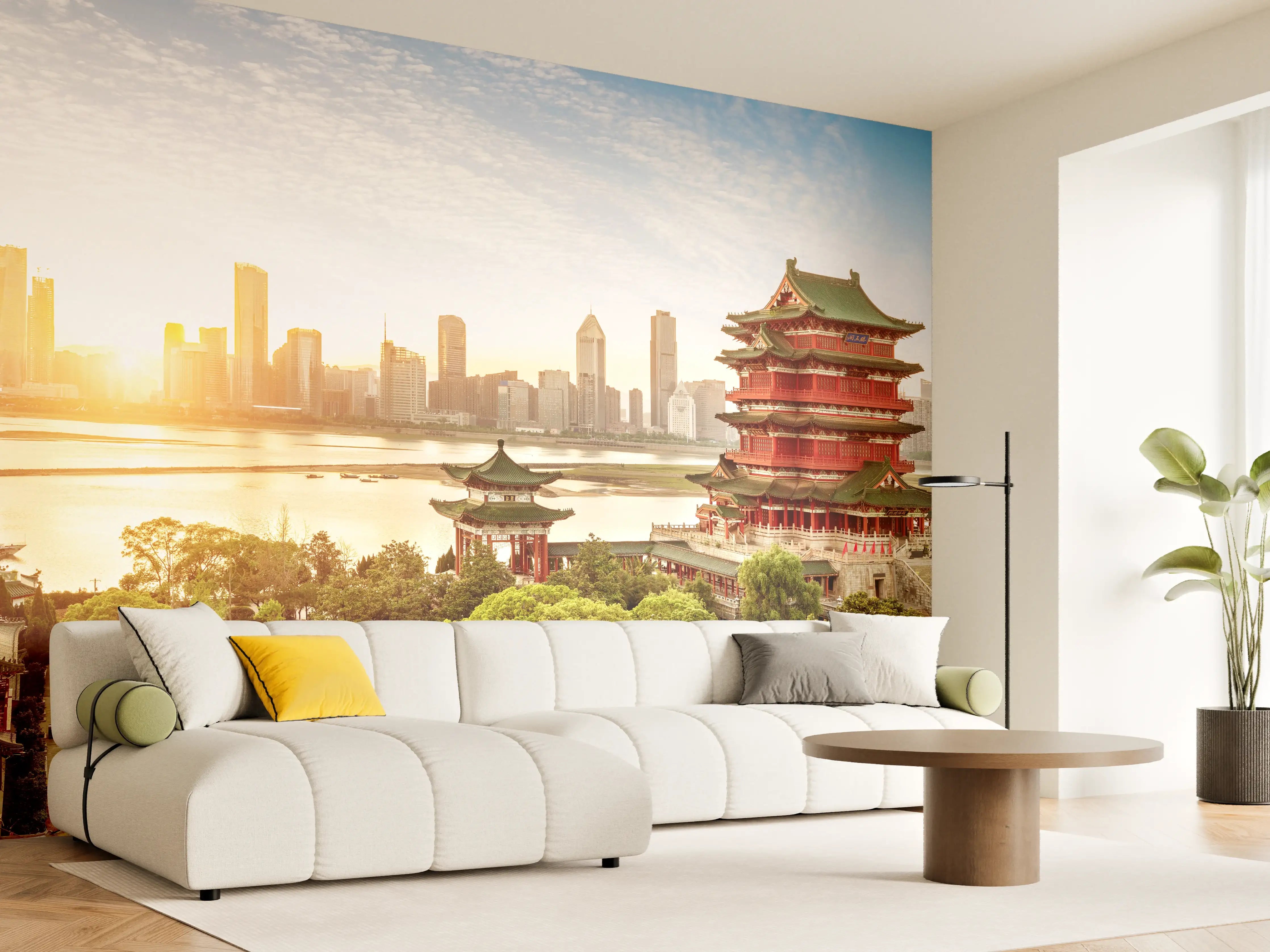 Wandverkleidung Wohnzimmer - Traditionelle chinesische Tempelanlage mit moderner Skyline im Hintergrund