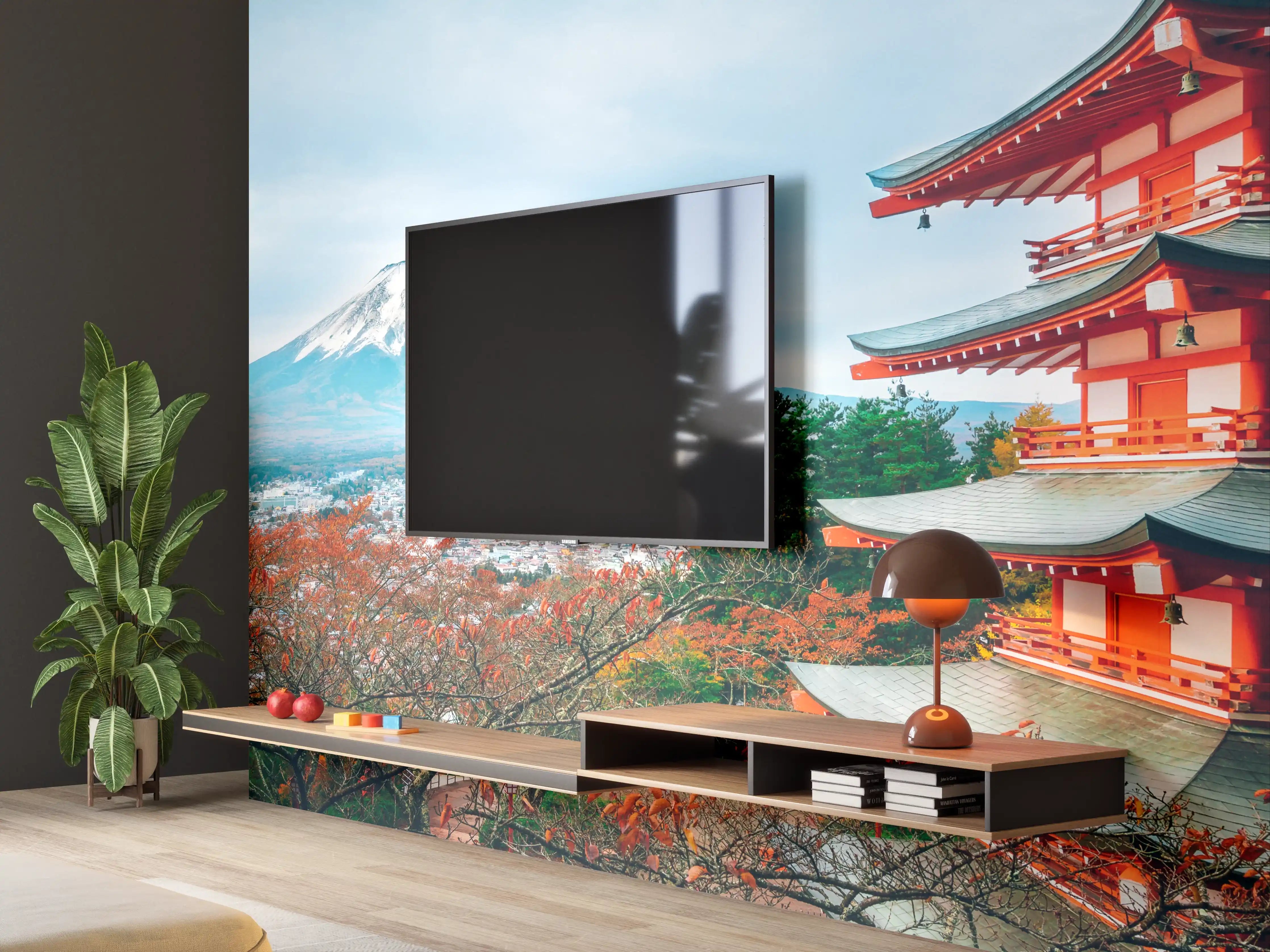 Wandverkleidung Wohnzimmer - Traditionelle japanische Landschaft mit Fuji-Berg und Pagode
