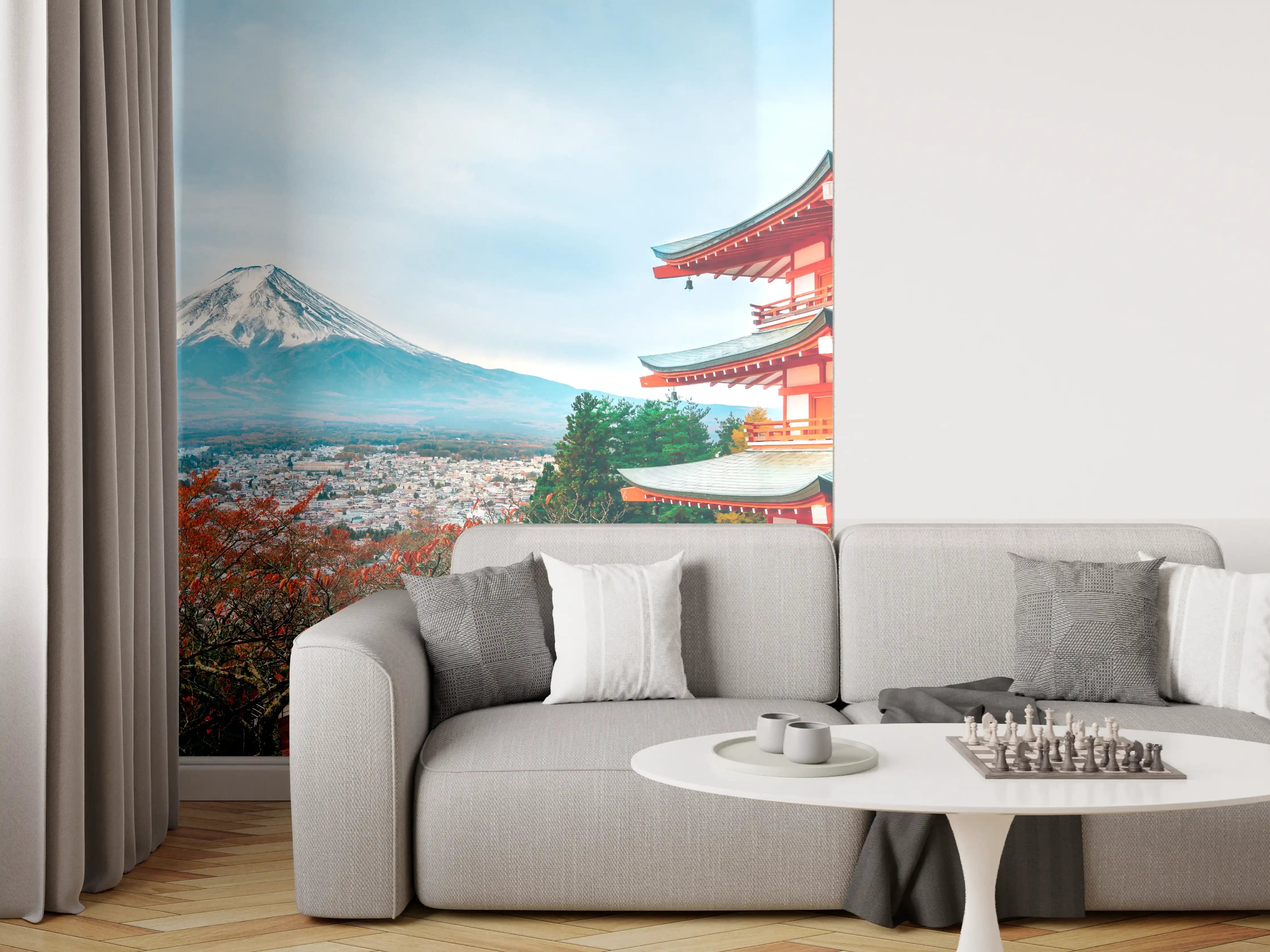 Wandverkleidung Wohnzimmer - Traditionelle japanische Landschaft mit Fuji-Berg und Pagode