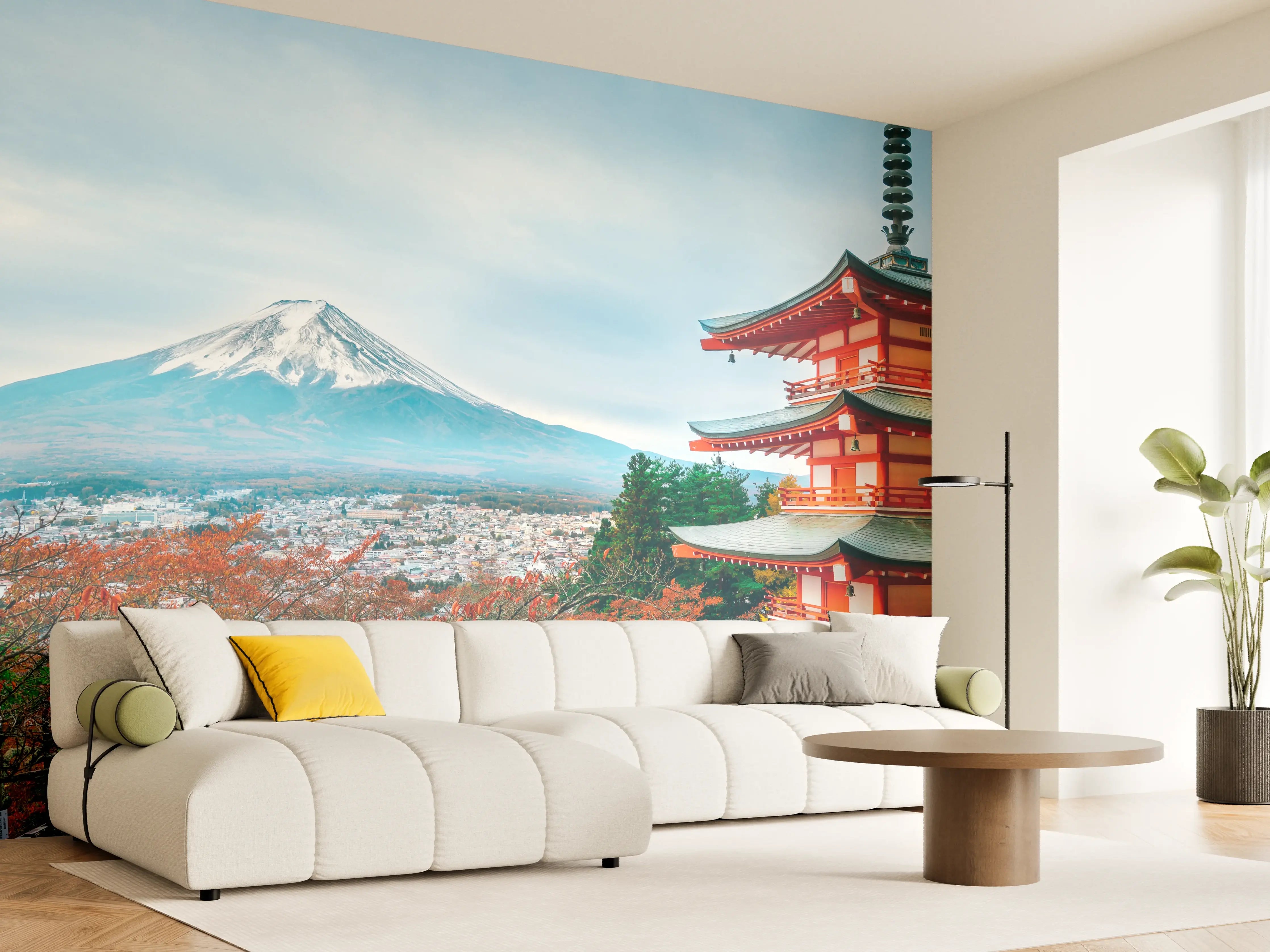 Wandverkleidung Wohnzimmer - Traditionelle japanische Landschaft mit Fuji-Berg und Pagode