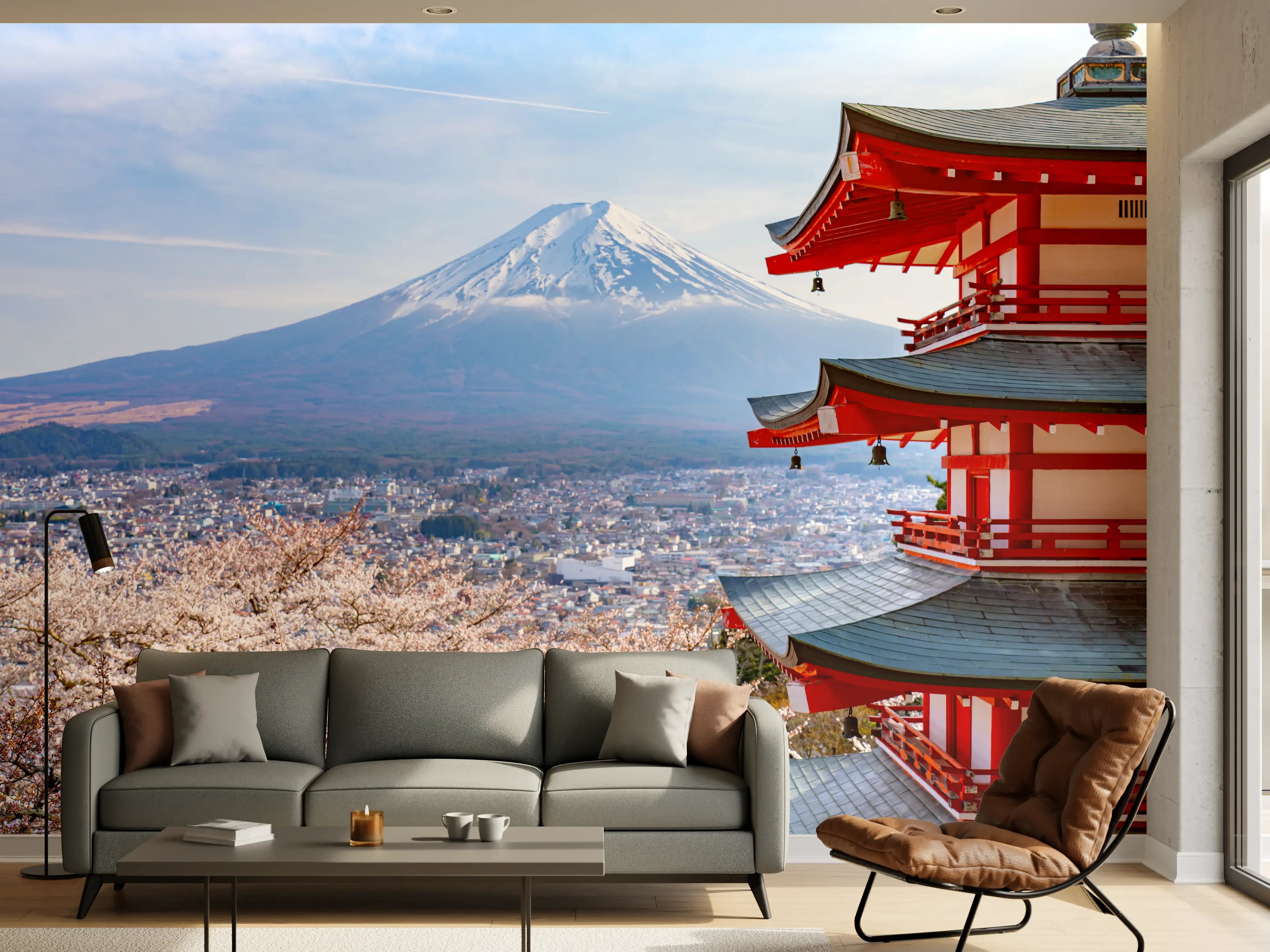 Wandverkleidung Wohnzimmer - Traditionelle japanische Szenerie mit Mount Fuji