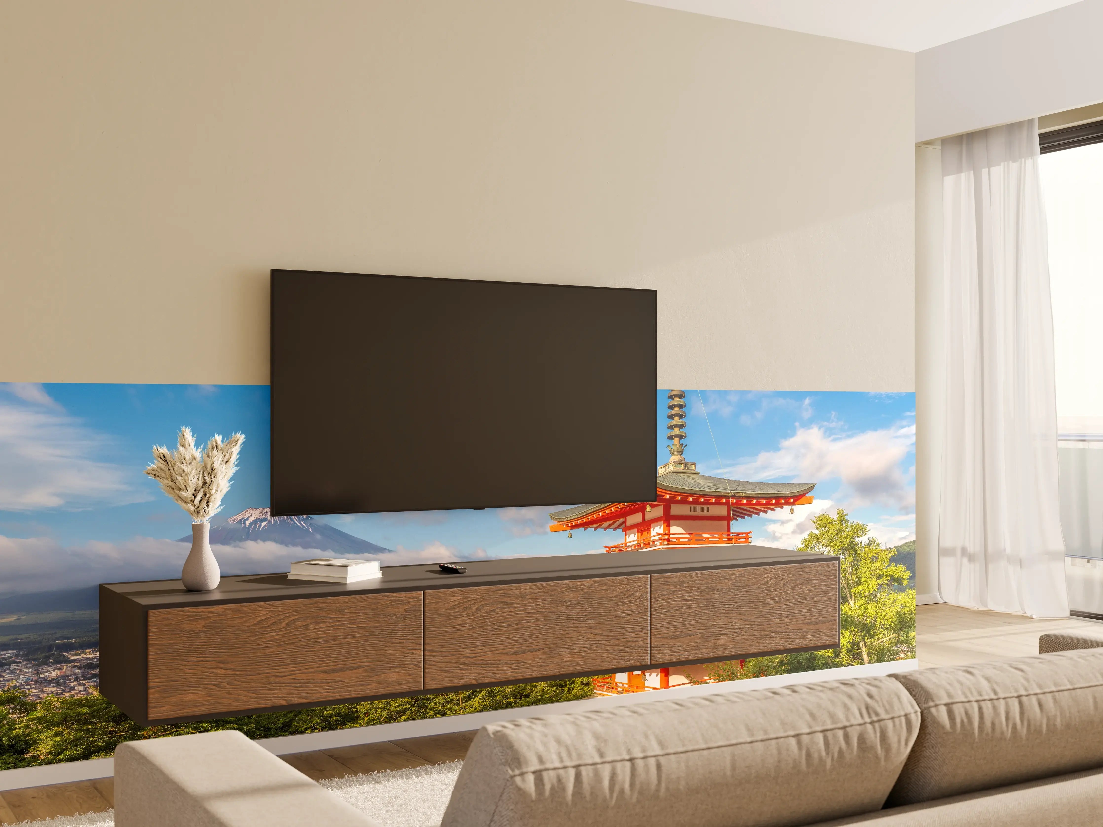 Wandverkleidung Wohnzimmer - Traditioneller japanischer Pagoden-Turm mit Mount Fuji im Hintergrund