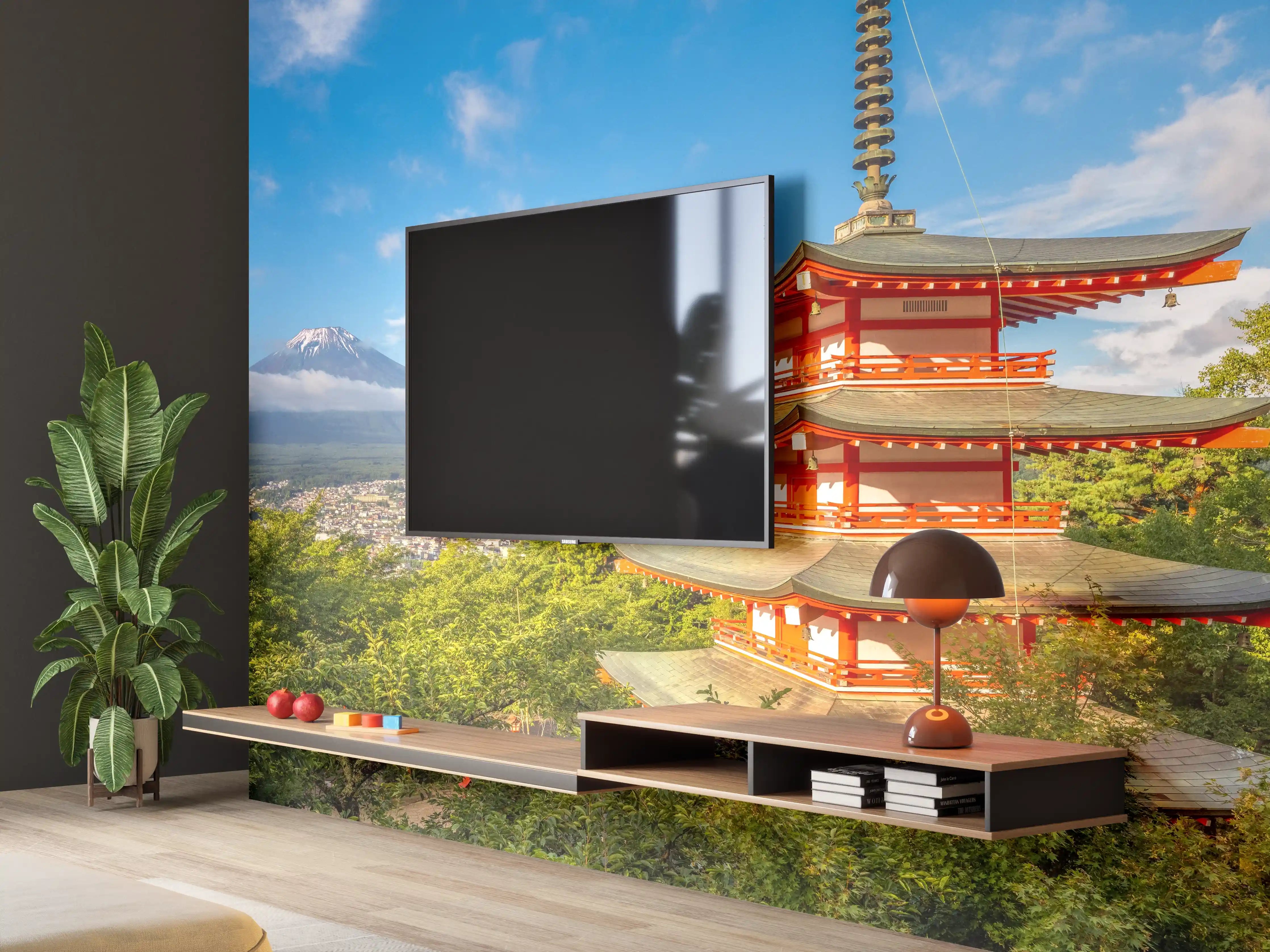 Wandverkleidung Wohnzimmer - Traditioneller japanischer Pagoden-Turm mit Mount Fuji im Hintergrund