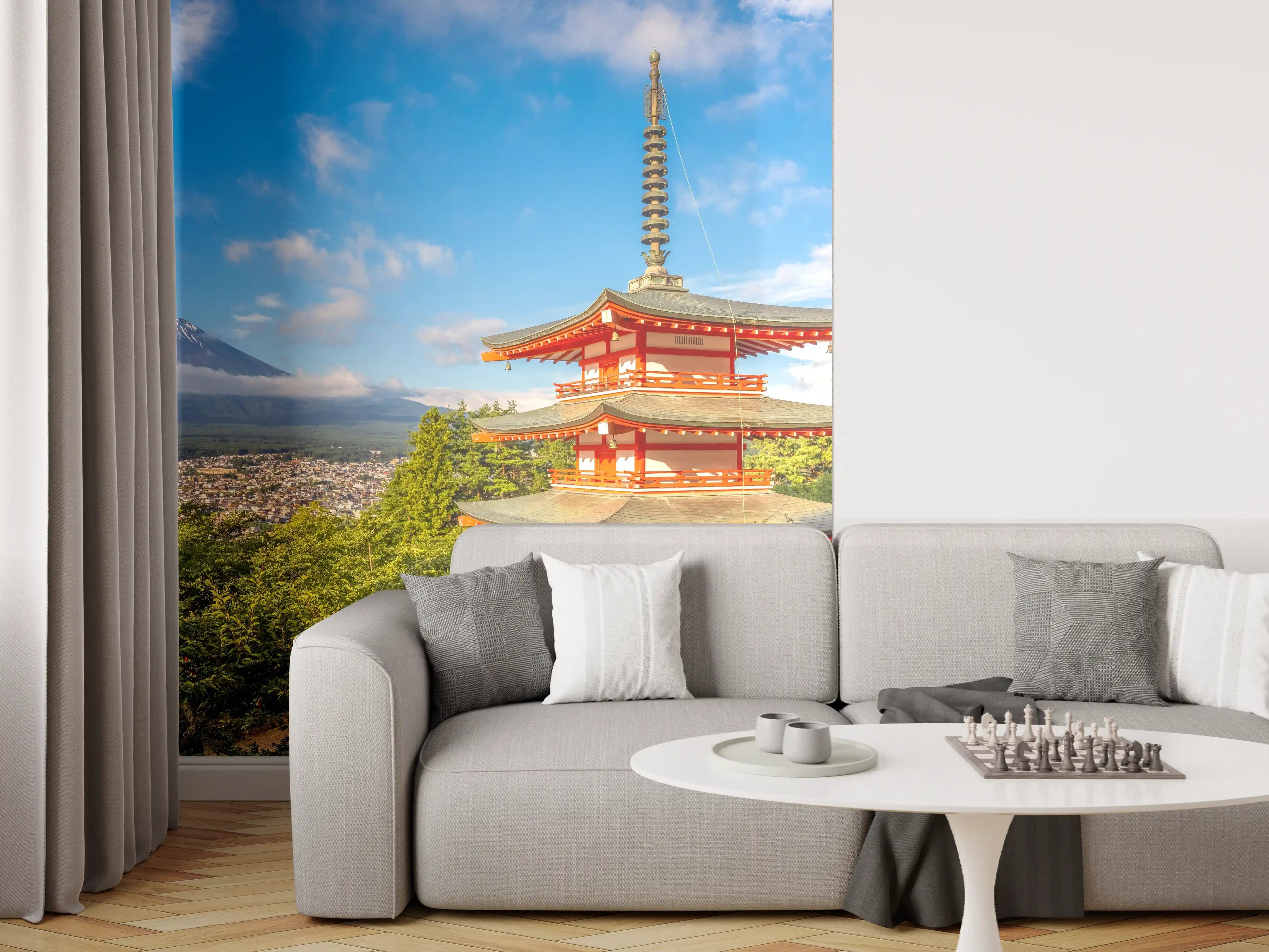 Wandverkleidung Wohnzimmer - Traditioneller japanischer Pagoden-Turm mit Mount Fuji im Hintergrund