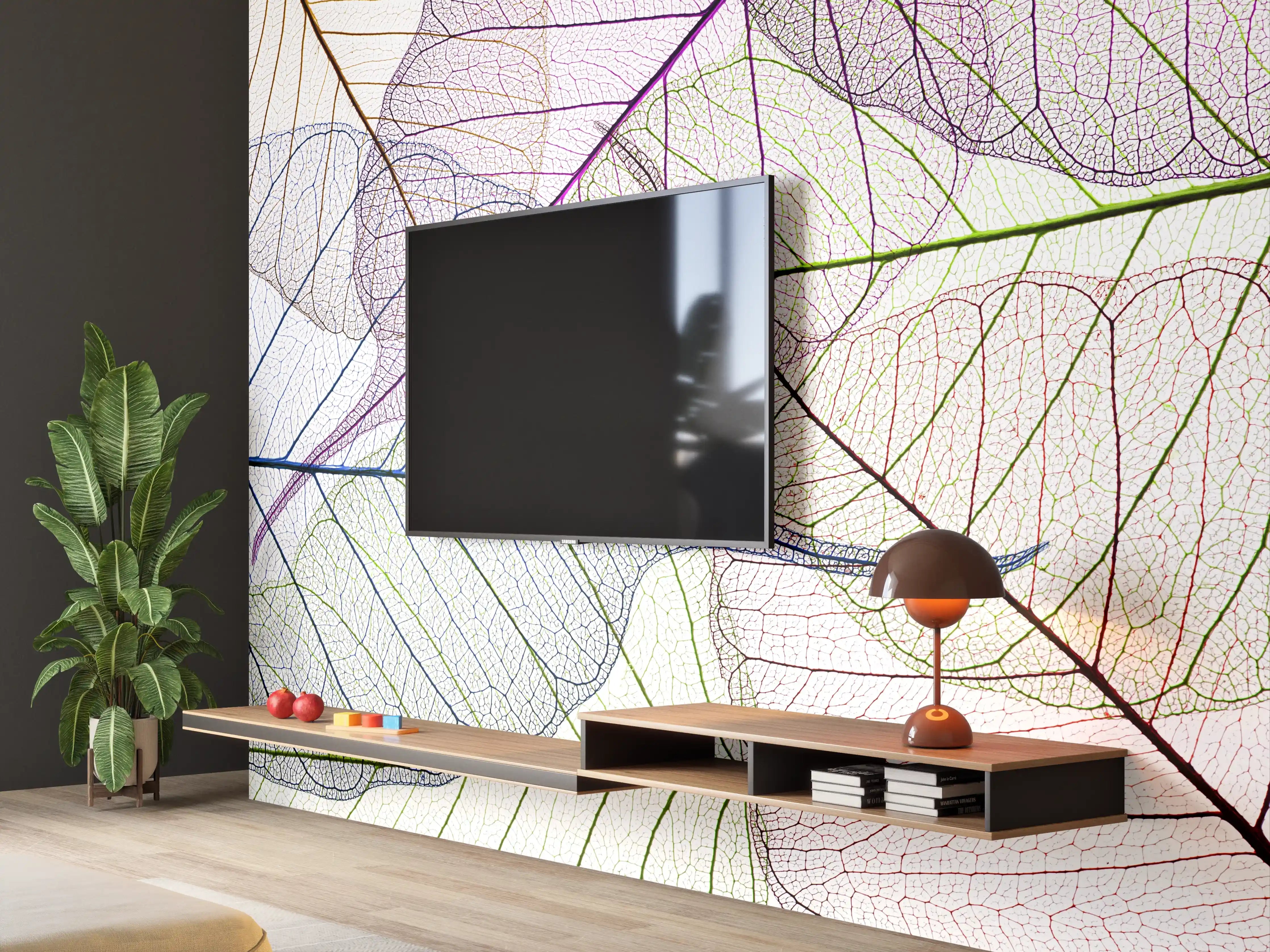 Wandverkleidung Wohnzimmer - Transparentes Blättermuster auf weißem Hintergrund