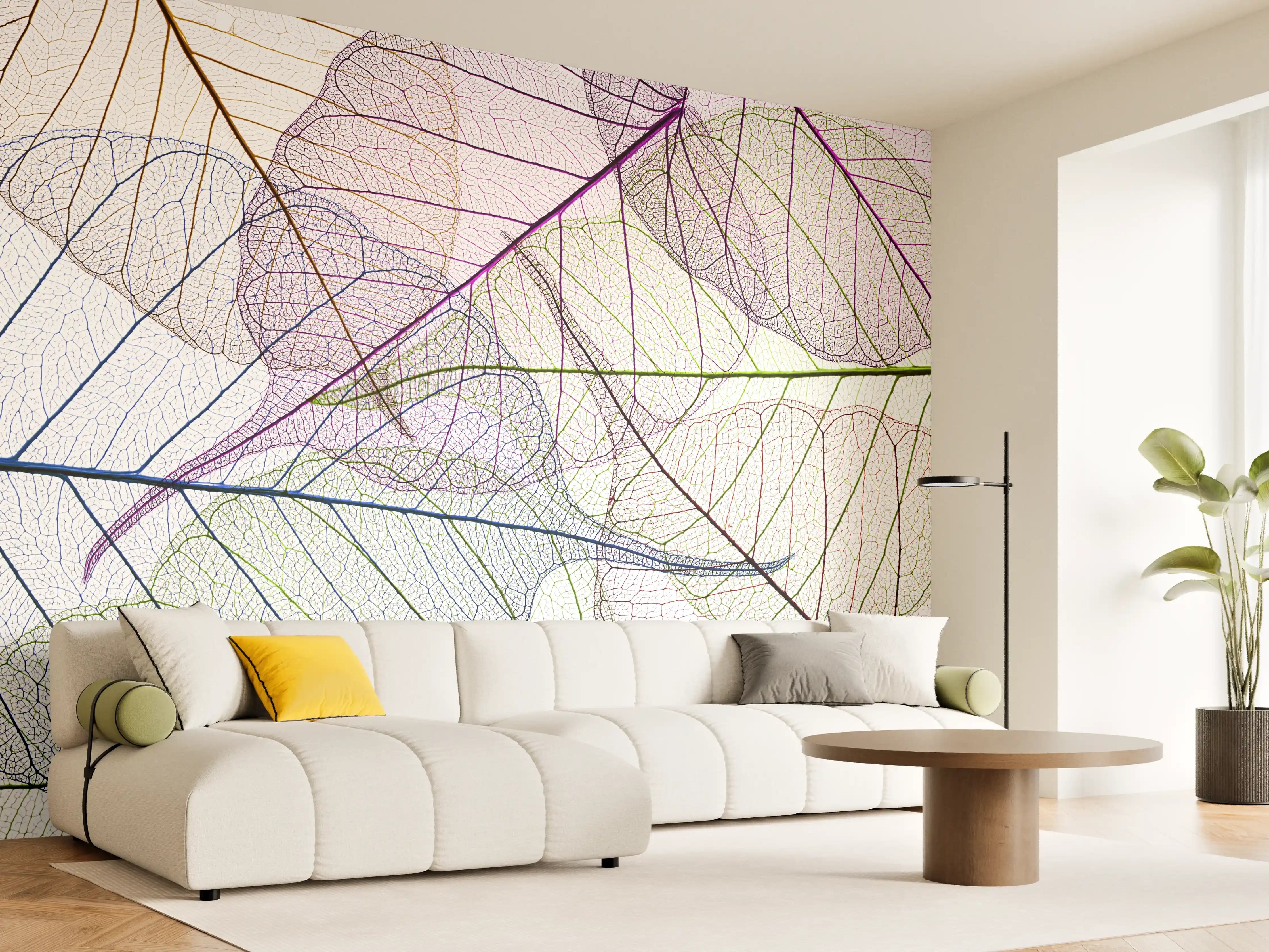 Wandverkleidung Wohnzimmer - Transparentes Blättermuster auf weißem Hintergrund