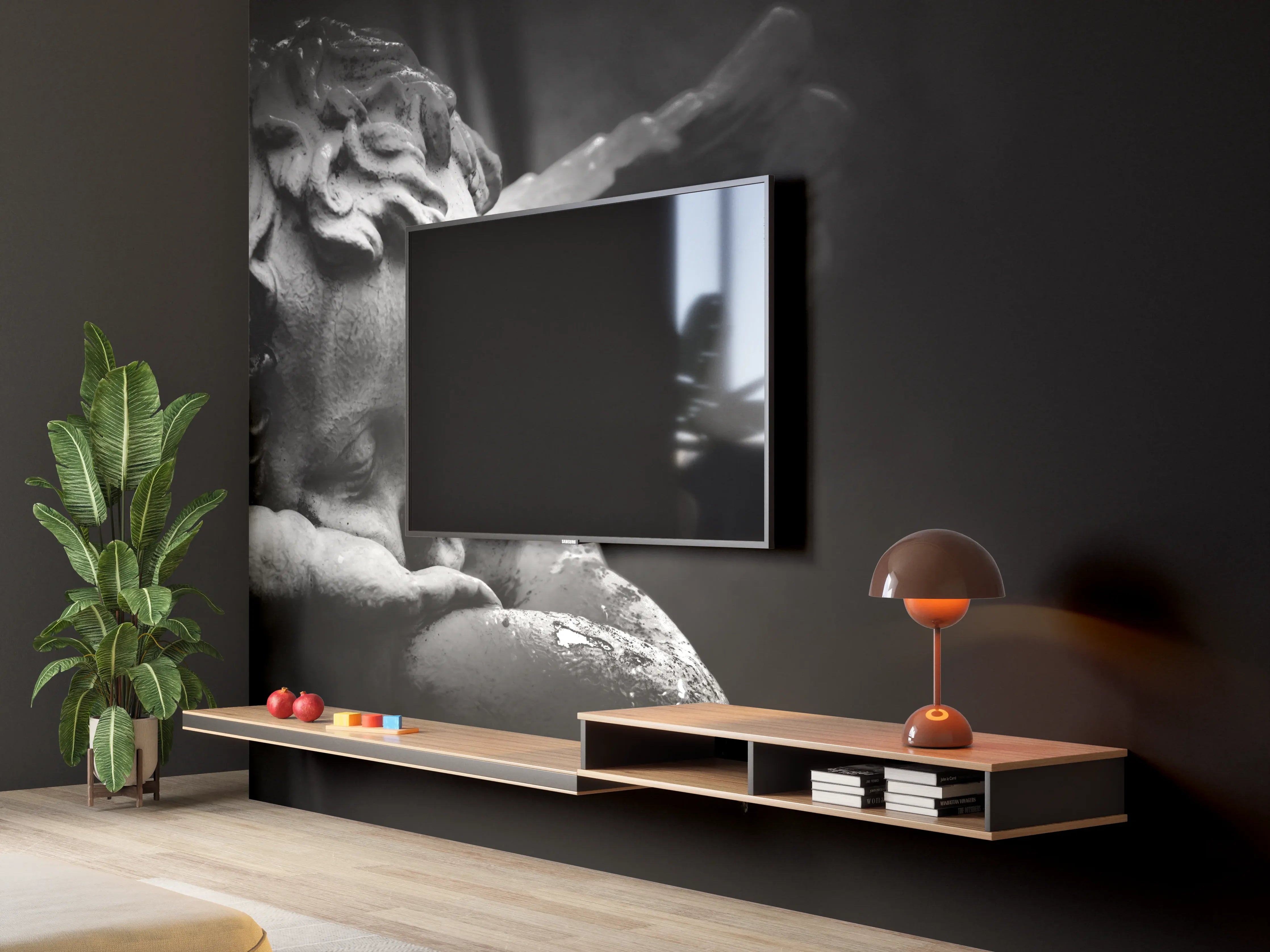 Wandverkleidung Wohnzimmer - Traumender Engel Schwarz-Weiß Statue