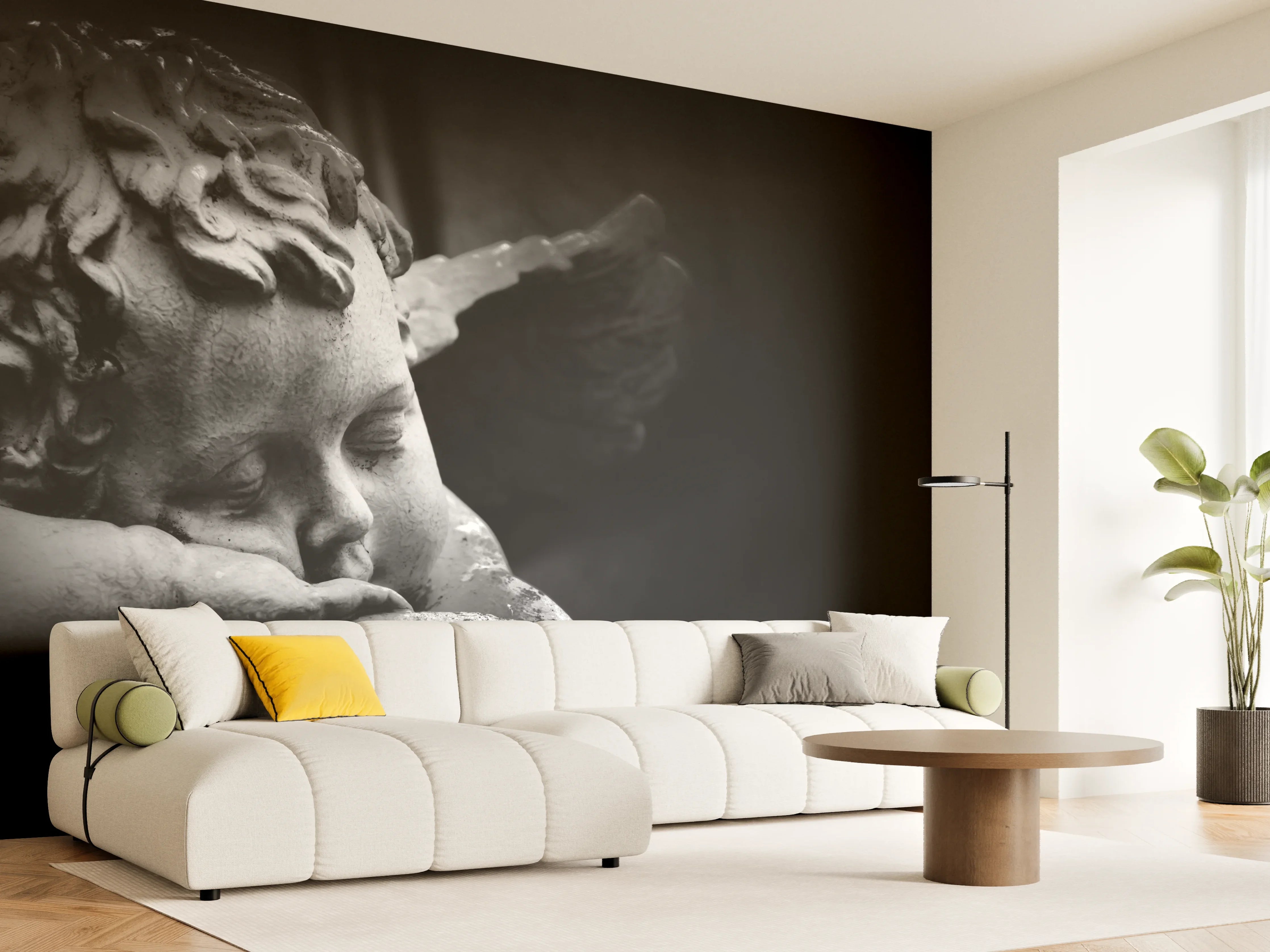 Wandverkleidung Wohnzimmer - Traumender Engel Schwarz-Weiß Statue