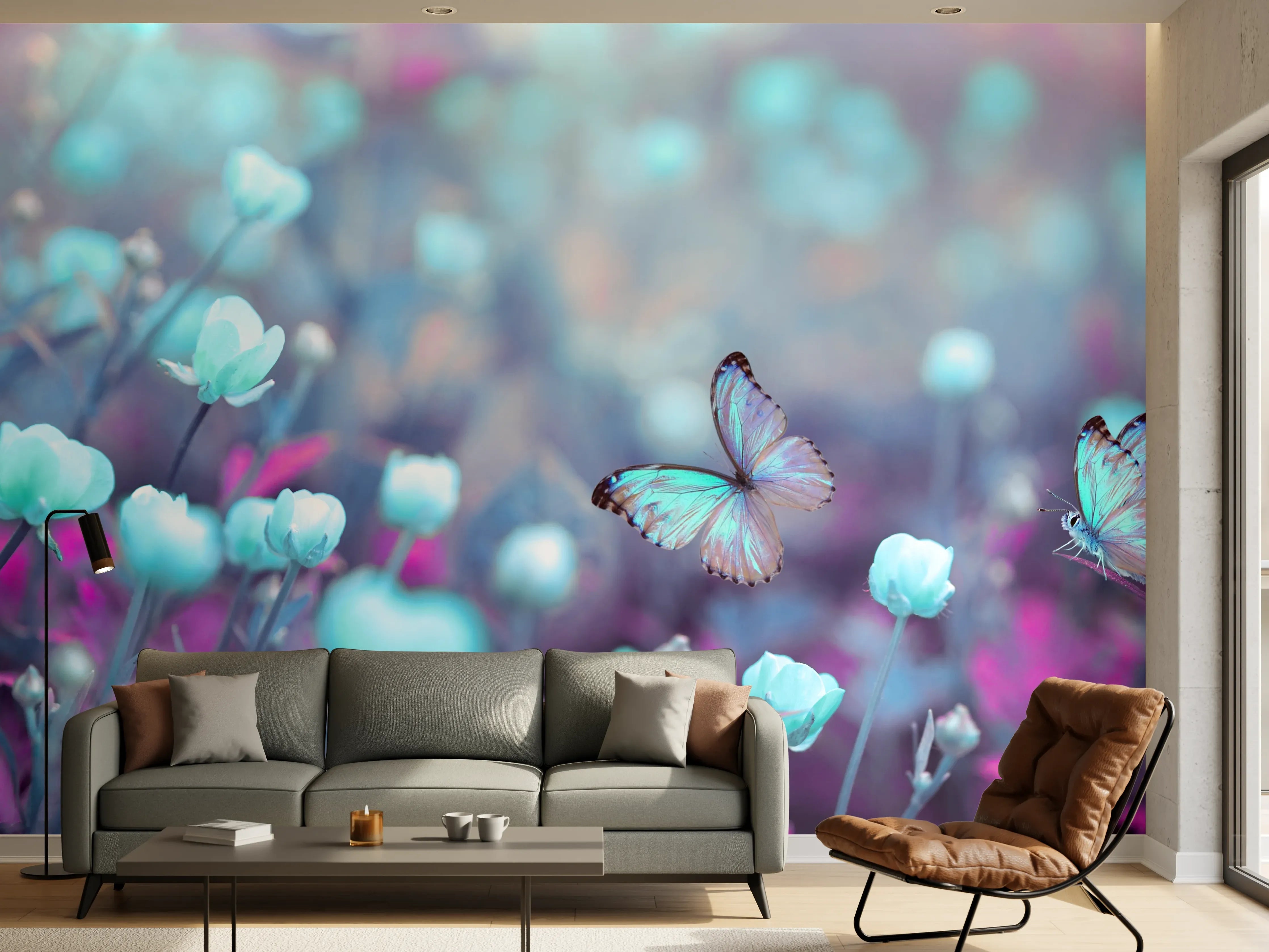 Wandverkleidung Wohnzimmer - Traumhafte Blumen- und Schmetterlingsszene in Pastellfarben