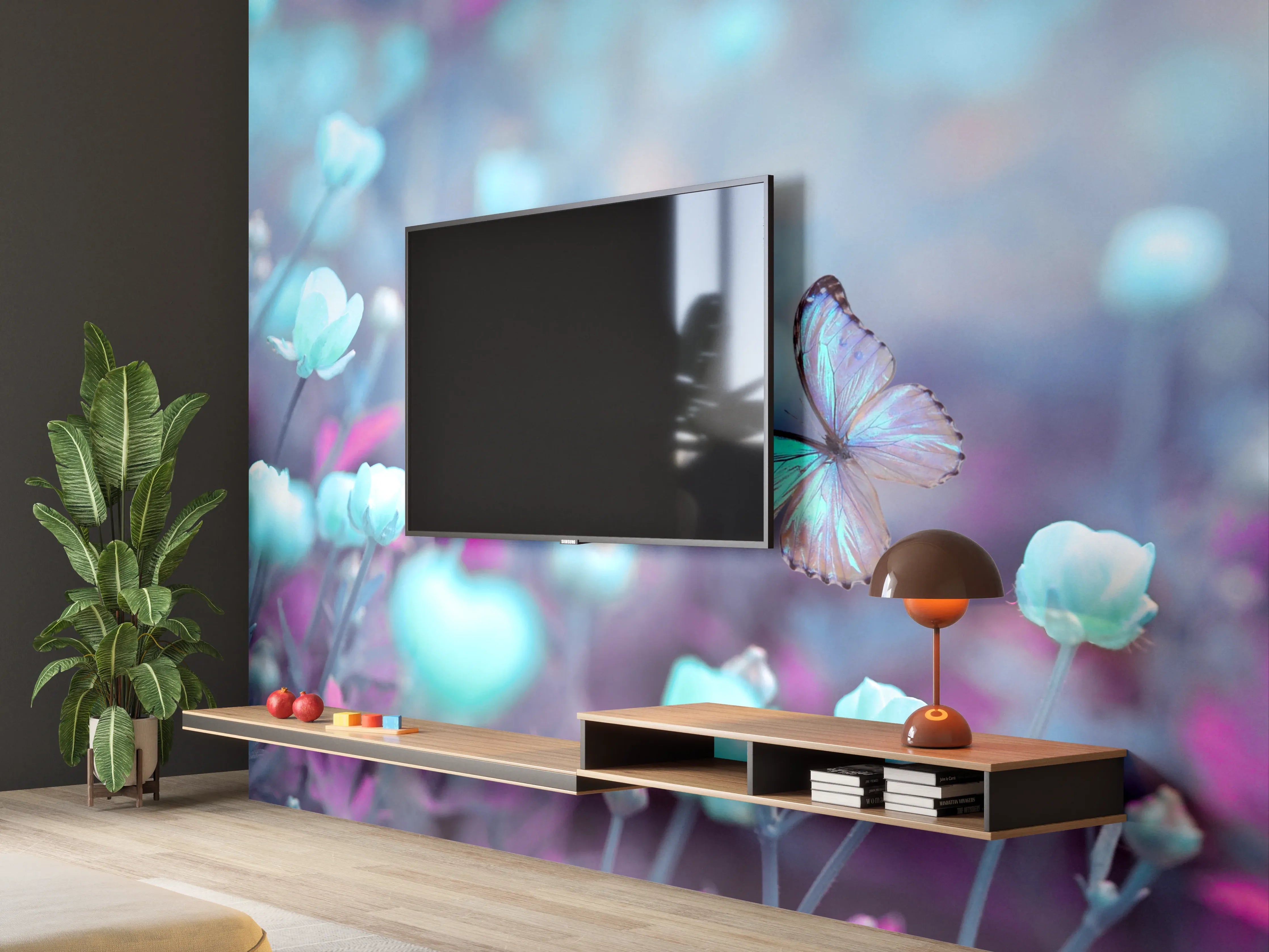 Wandverkleidung Wohnzimmer - Traumhafte Blumen- und Schmetterlingsszene in Pastellfarben