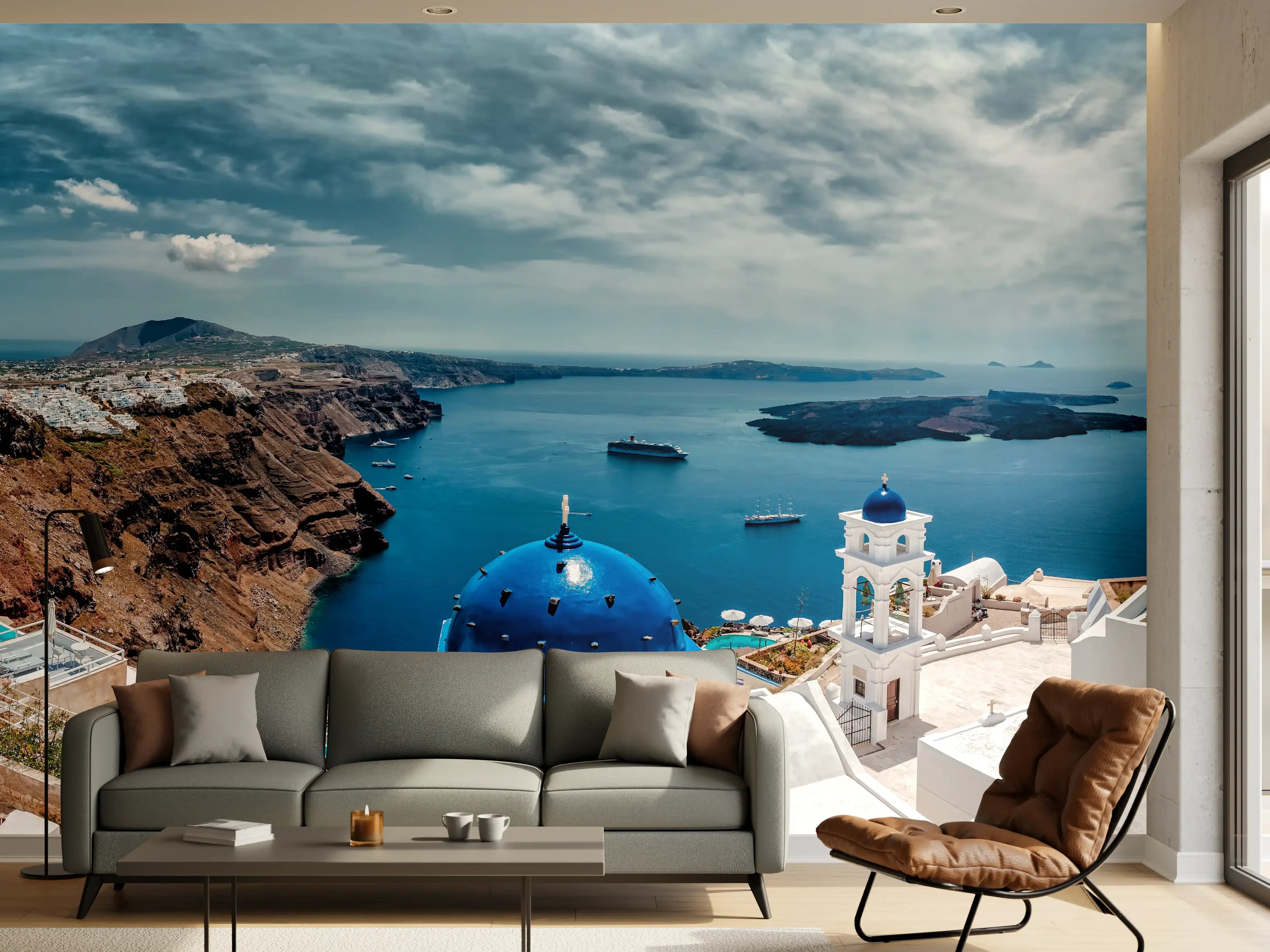 Wandverkleidung Wohnzimmer - Traumhafte Santorini-Ansicht mit blauer Kuppel