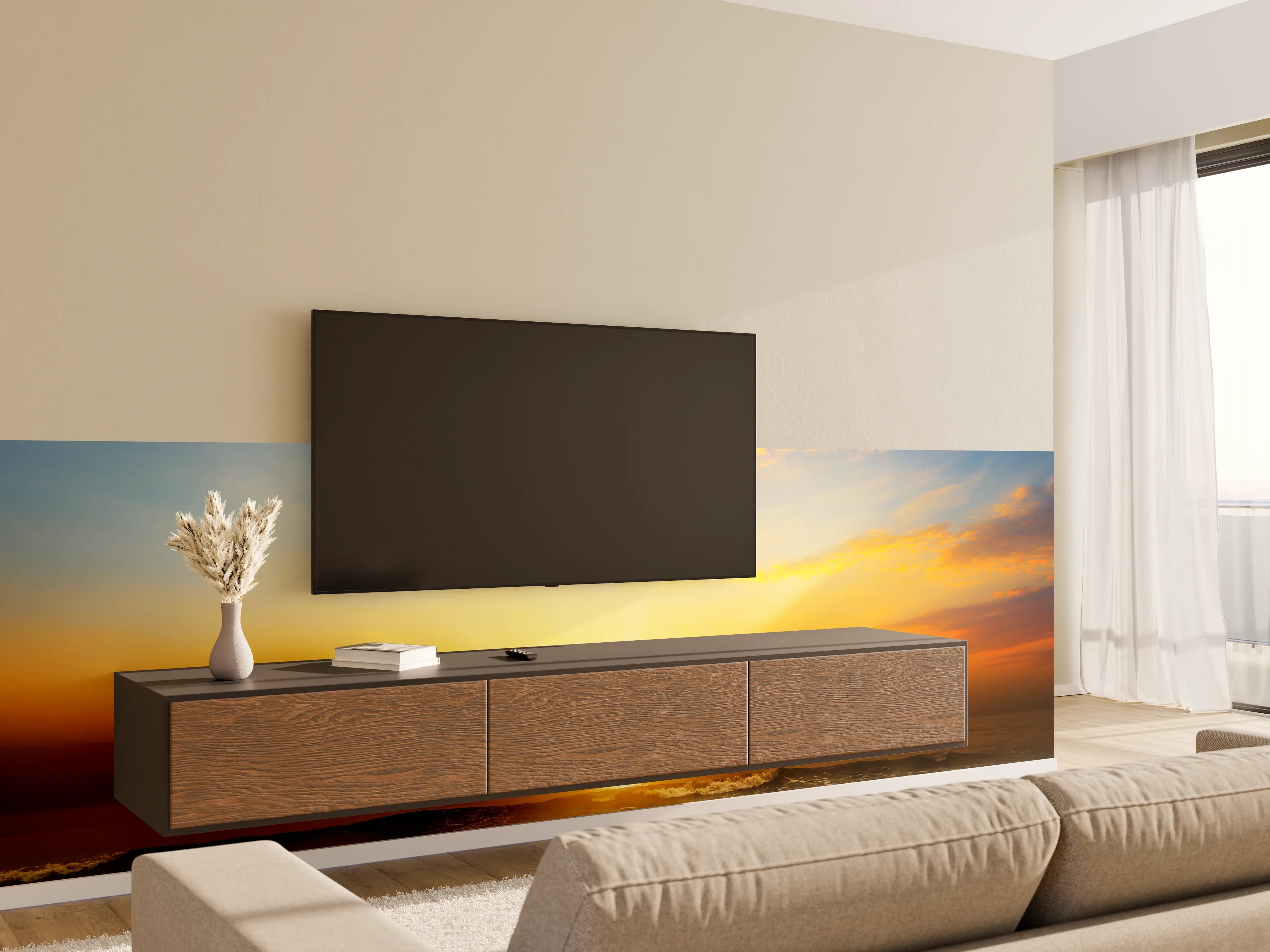 Wandverkleidung Wohnzimmer - Traumhafte Sonnenuntergangs-Szene am Meer