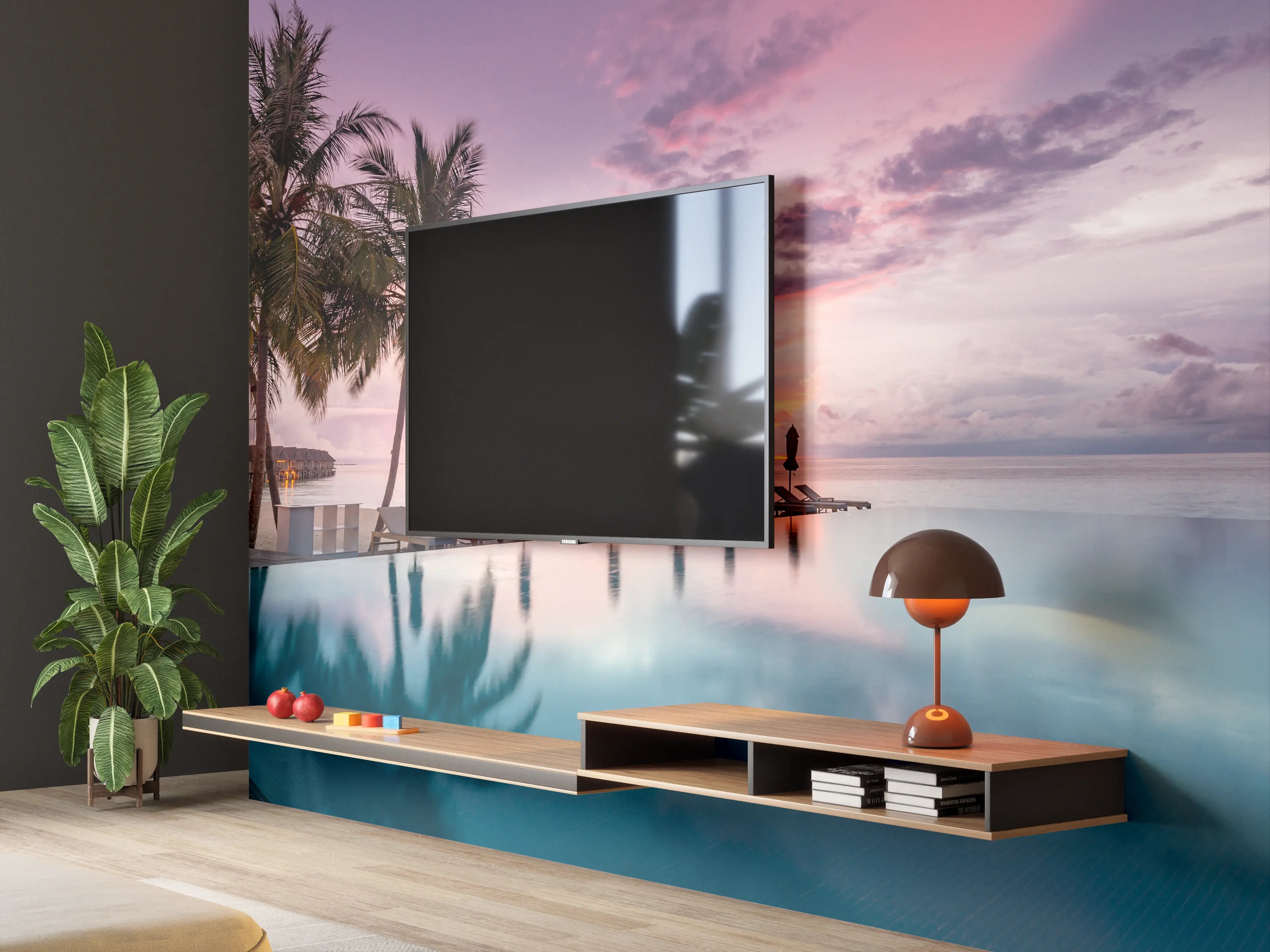 Wandverkleidung Wohnzimmer - Traumhafte Sonnenuntergangs-Szene am Pool
