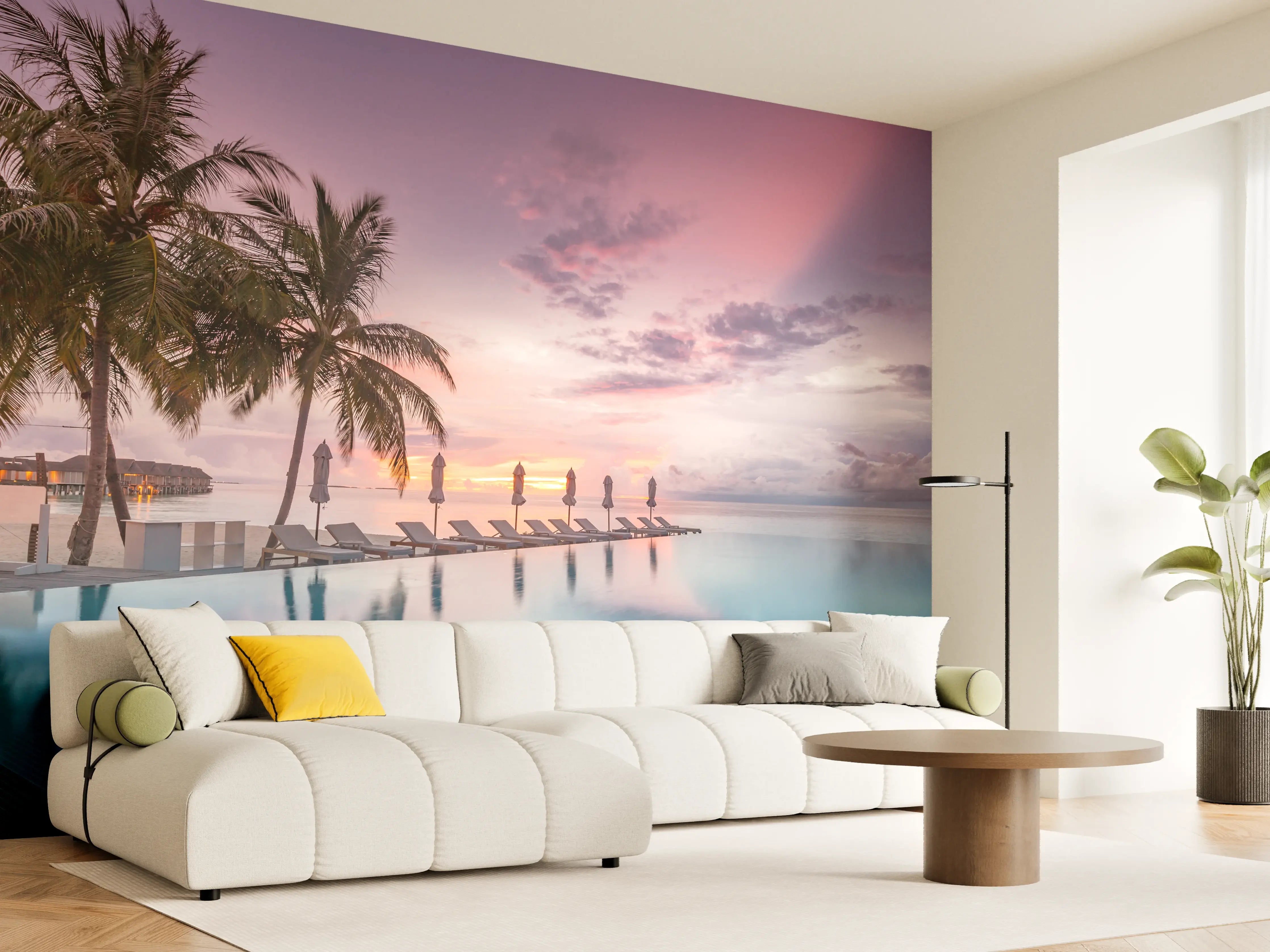 Wandverkleidung Wohnzimmer - Traumhafte Sonnenuntergangs-Szene am Pool