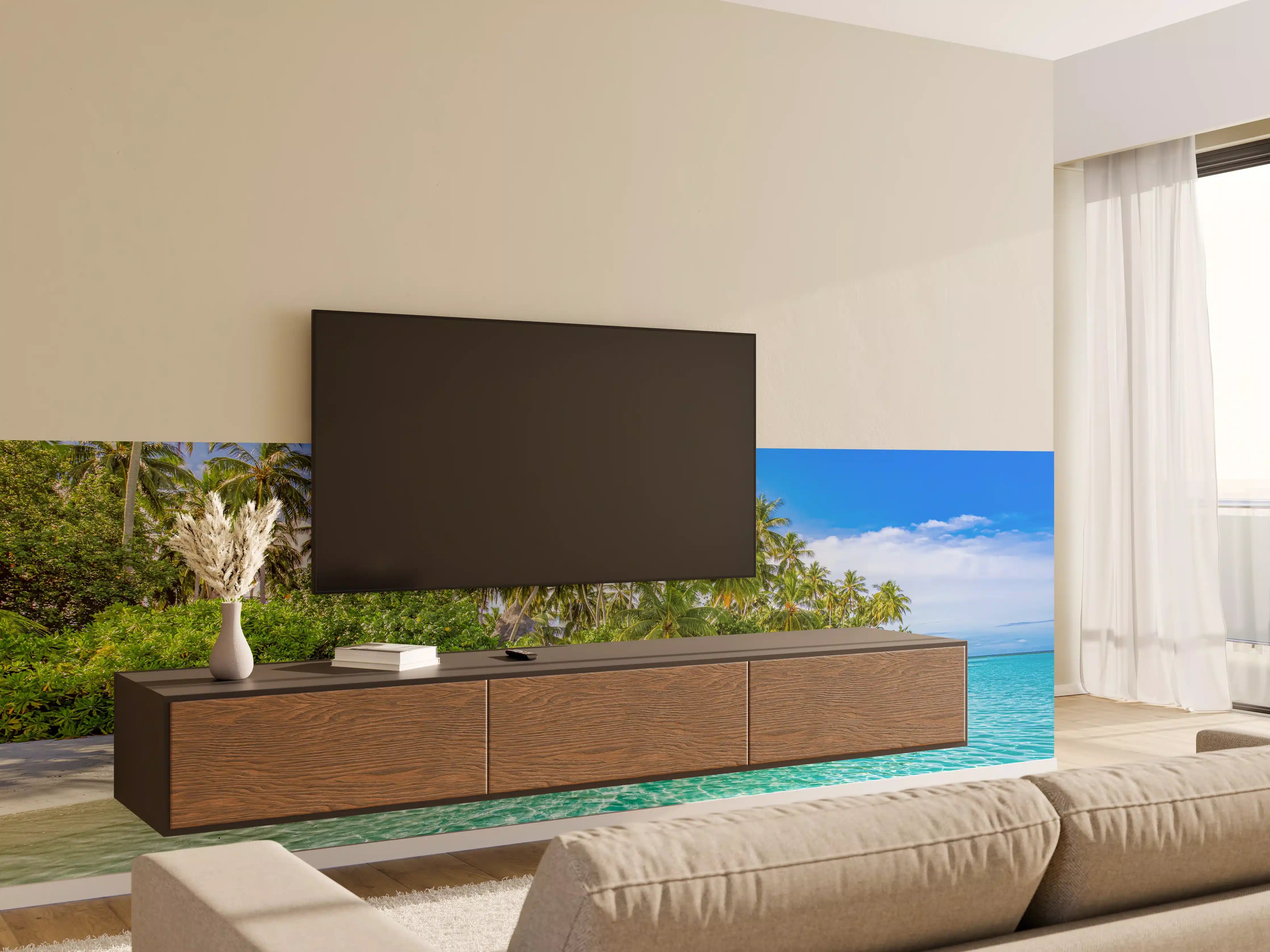 Wandverkleidung Wohnzimmer - Traumhafte Strandkulisse mit Palmen und klarem Wasser