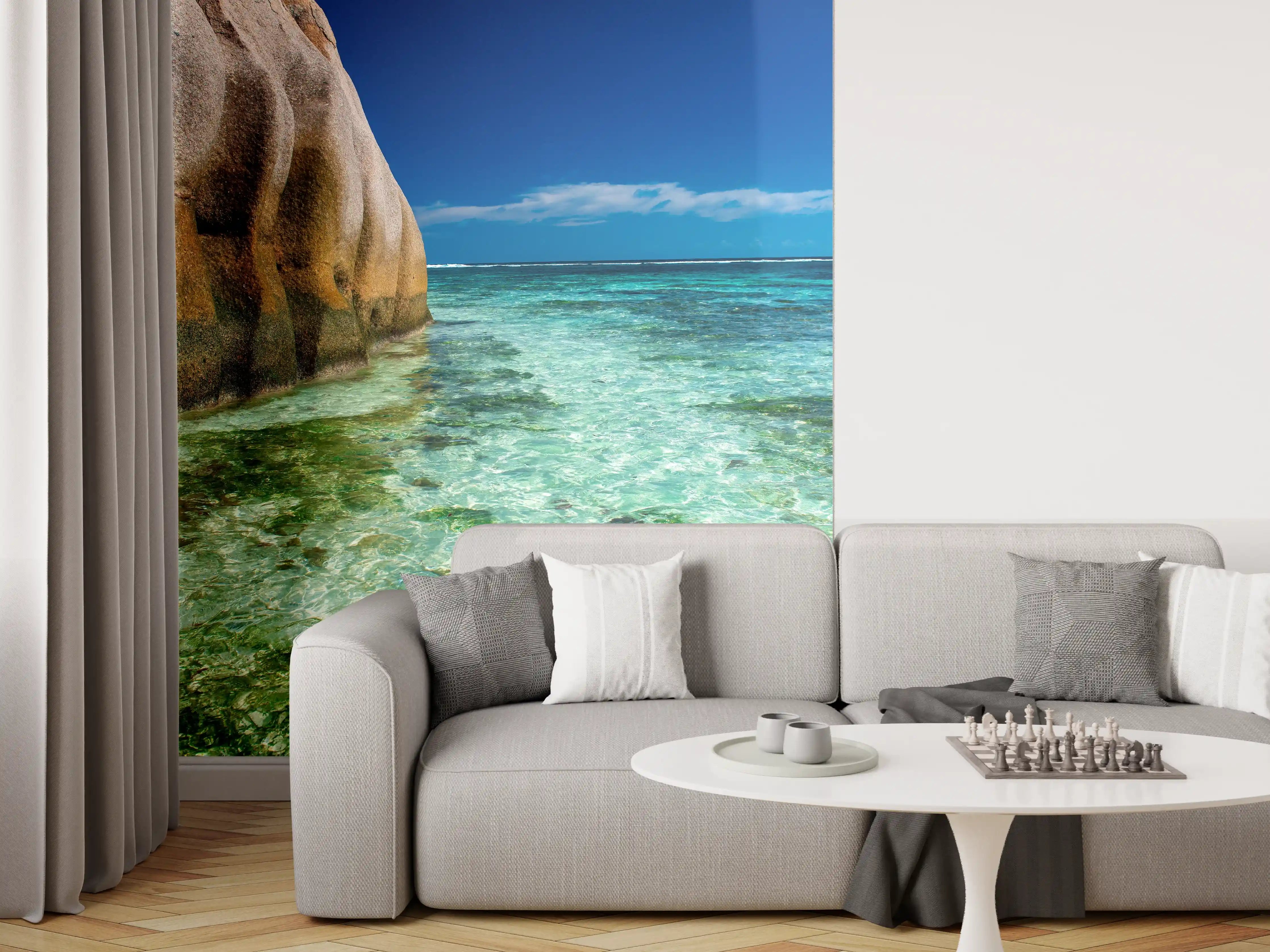 Wandverkleidung Wohnzimmer - Traumhafte Strandkulisse mit klarem Wasser