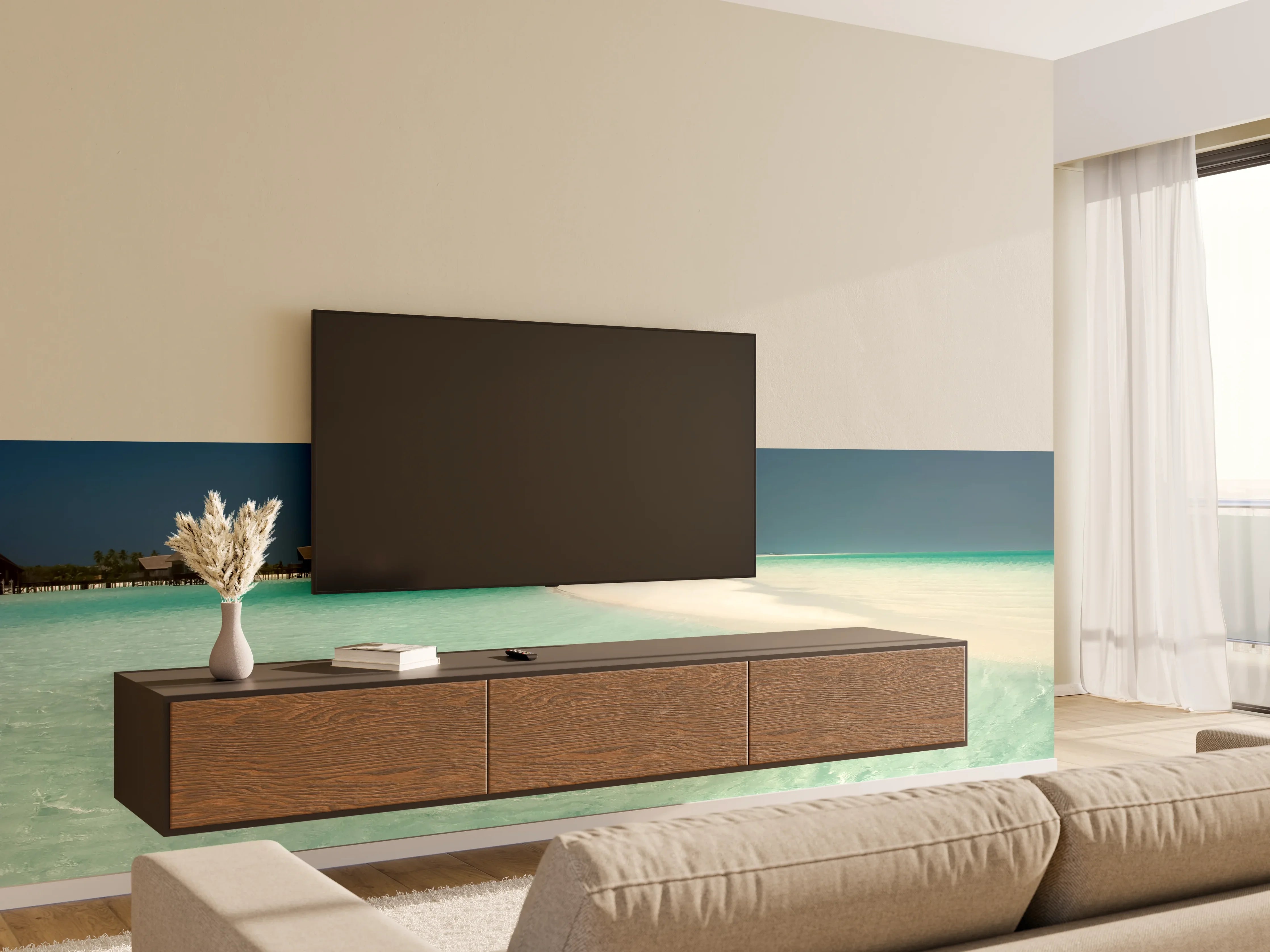 Wandverkleidung Wohnzimmer - Traumhafte Strandkulisse mit kristallklarem Wasser und Sand
