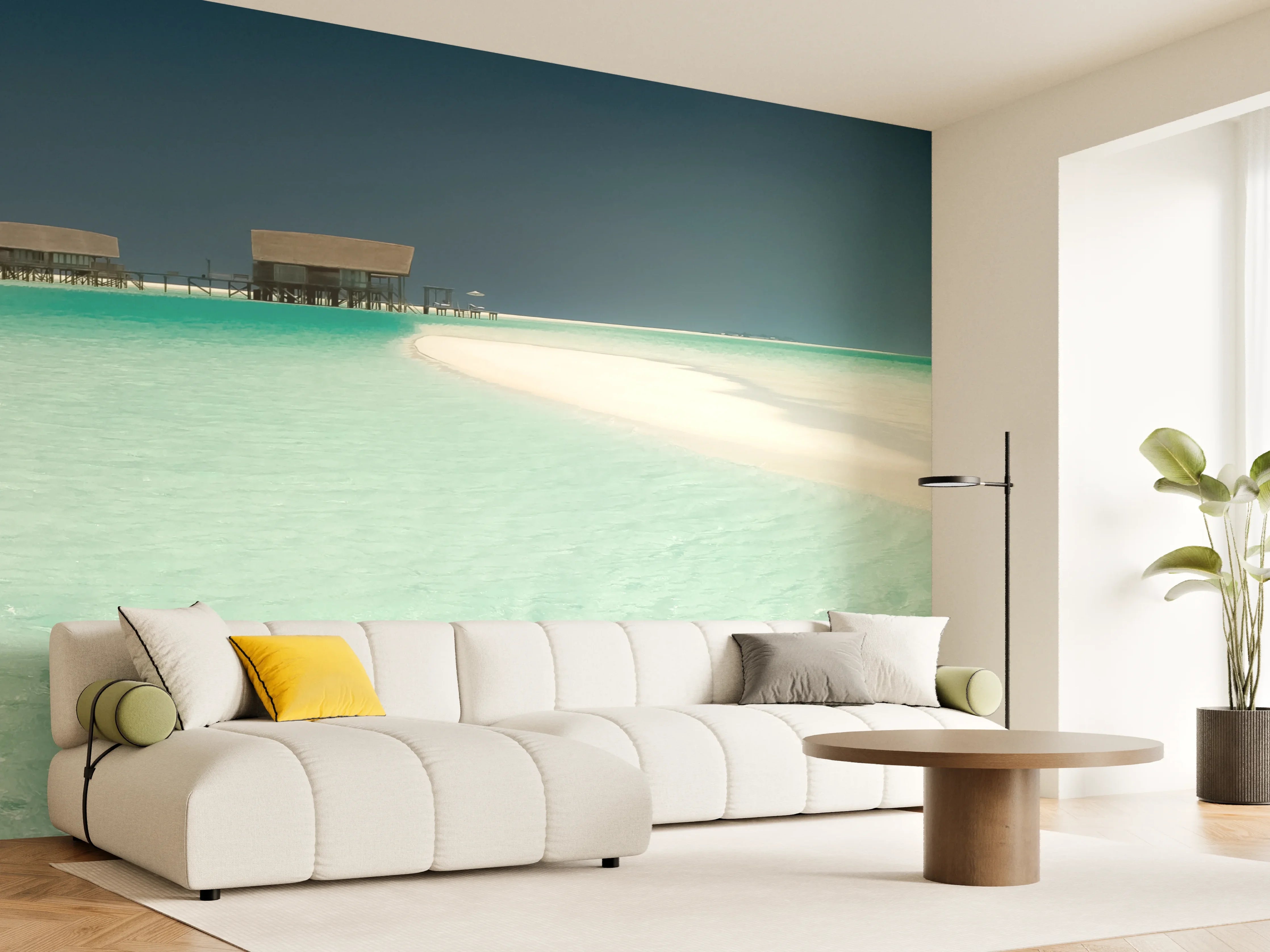 Wandverkleidung Wohnzimmer - Traumhafte Strandkulisse mit kristallklarem Wasser und Sand