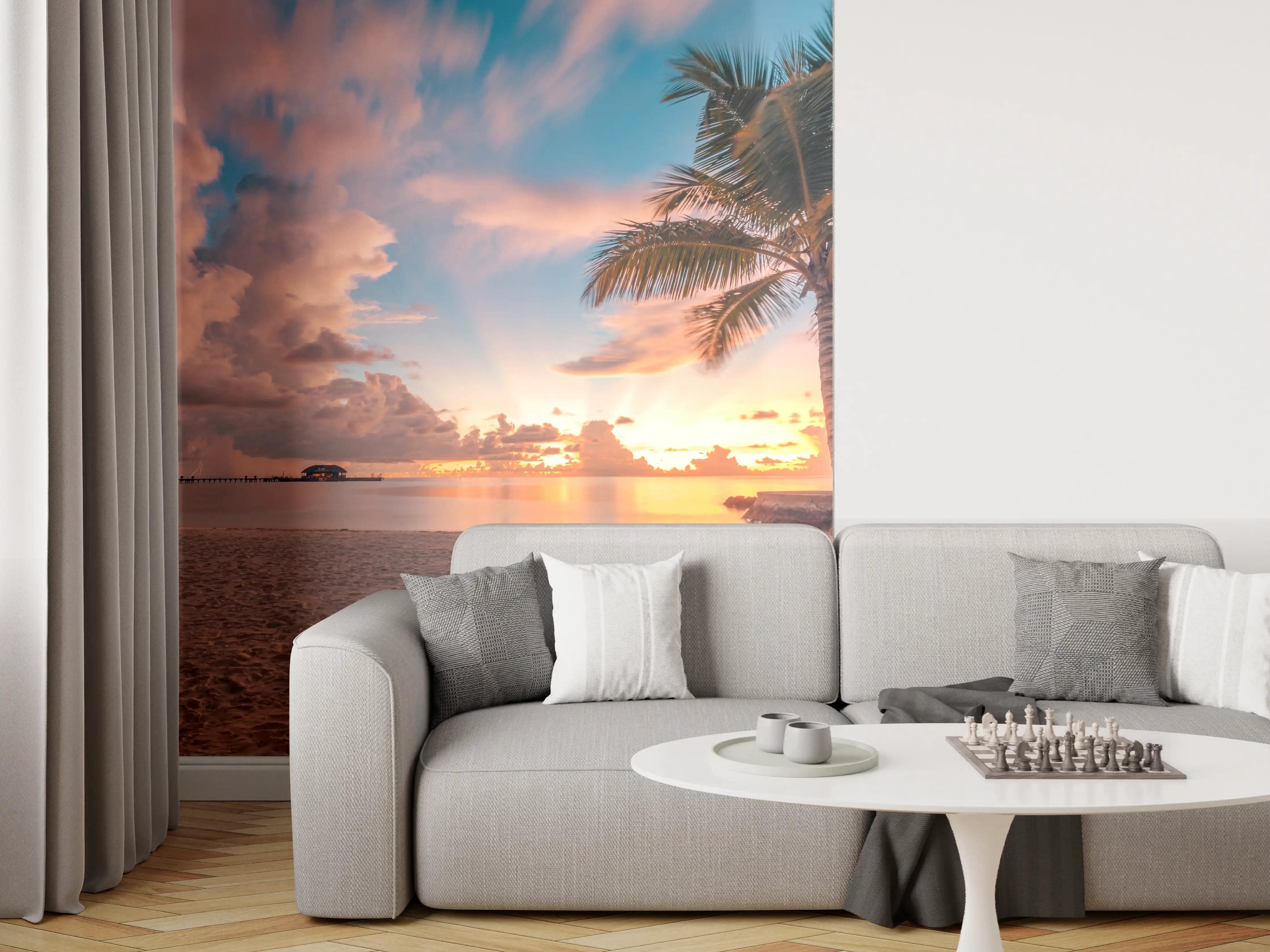Wandverkleidung Wohnzimmer - Traumhafte Strandlandschaft bei Sonnenuntergang
