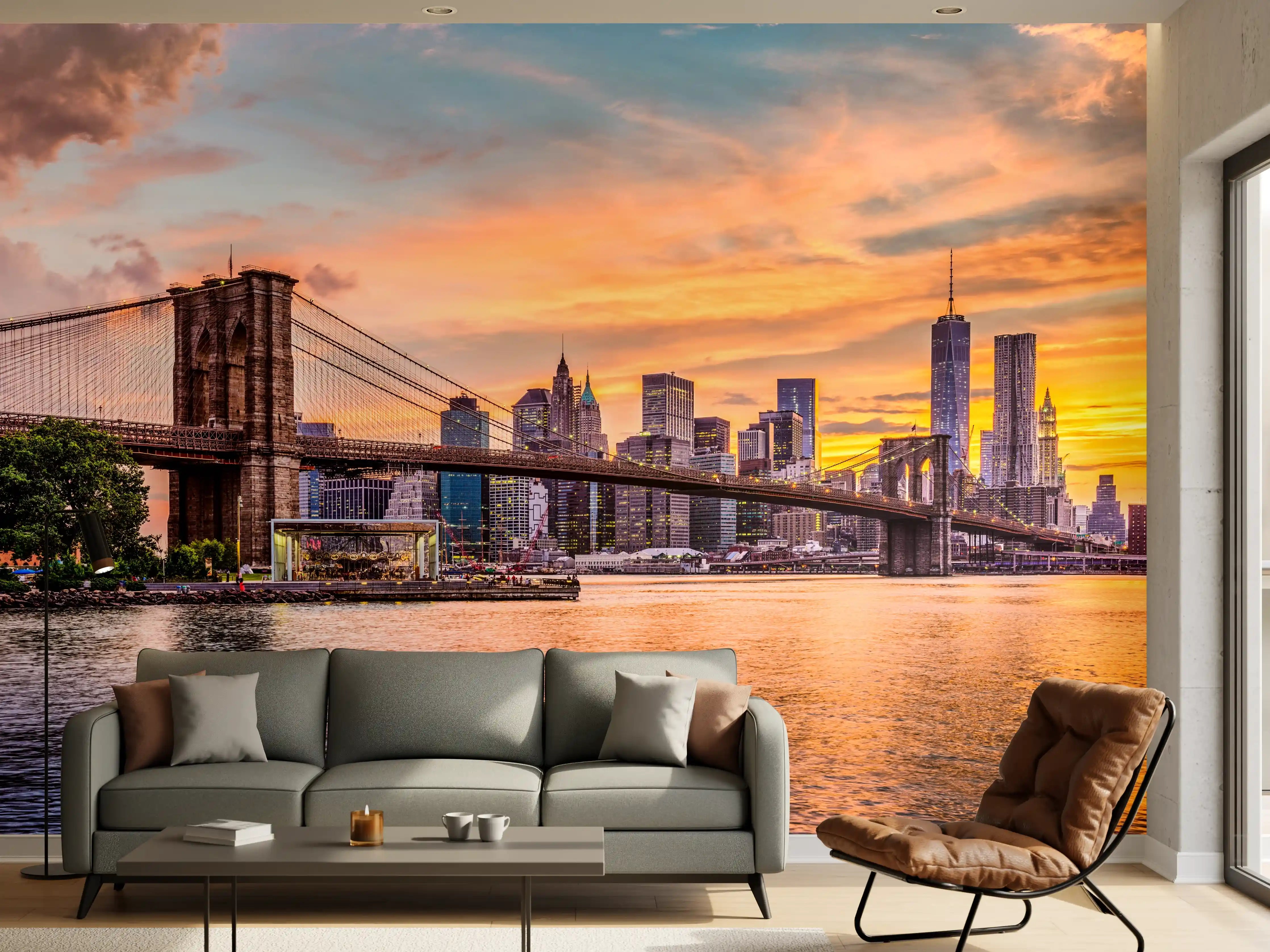 Wandverkleidung Wohnzimmer - Traumhafter Blick auf New York bei Sonnenuntergang