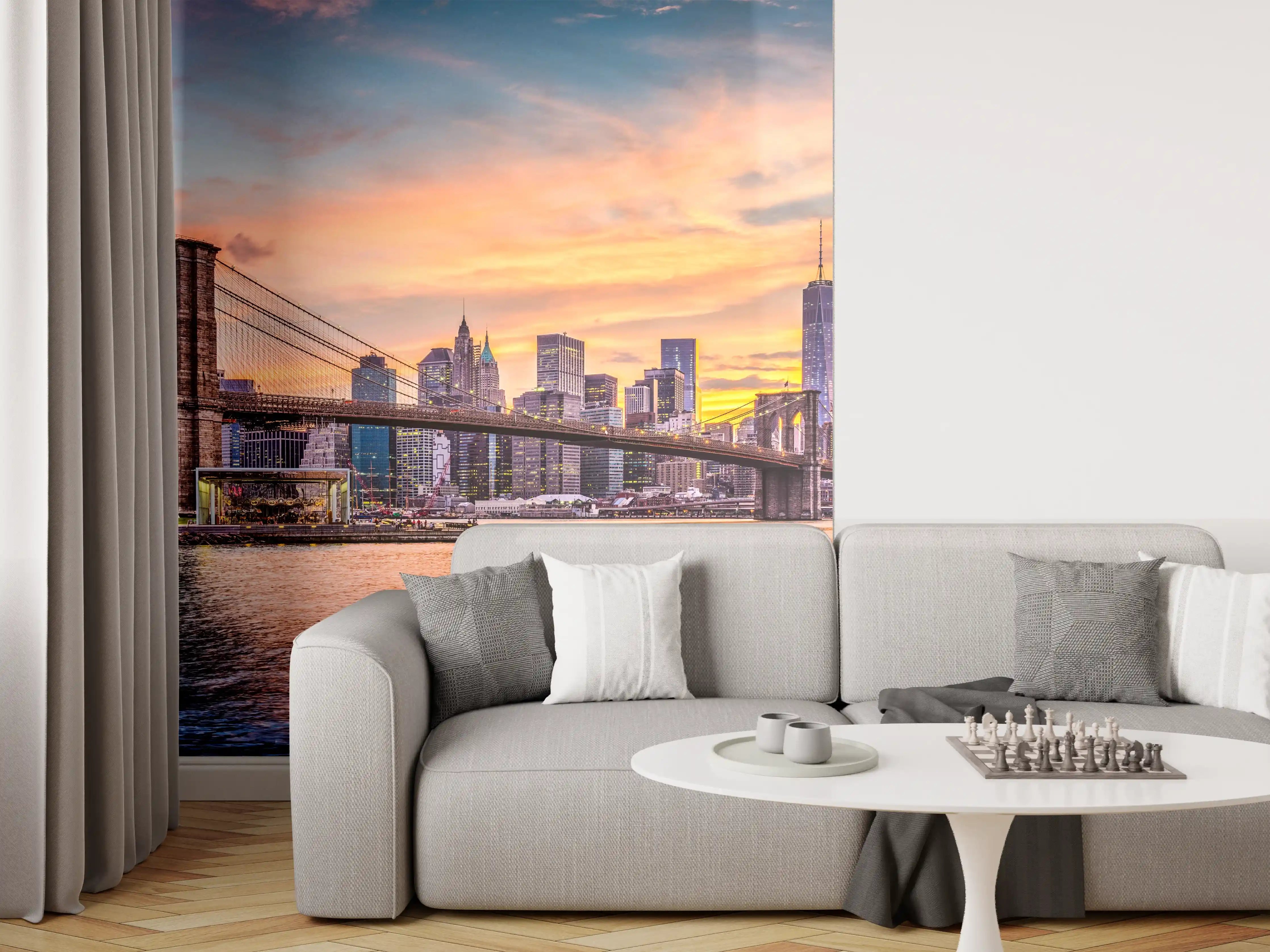 Wandverkleidung Wohnzimmer - Traumhafter Blick auf New York bei Sonnenuntergang