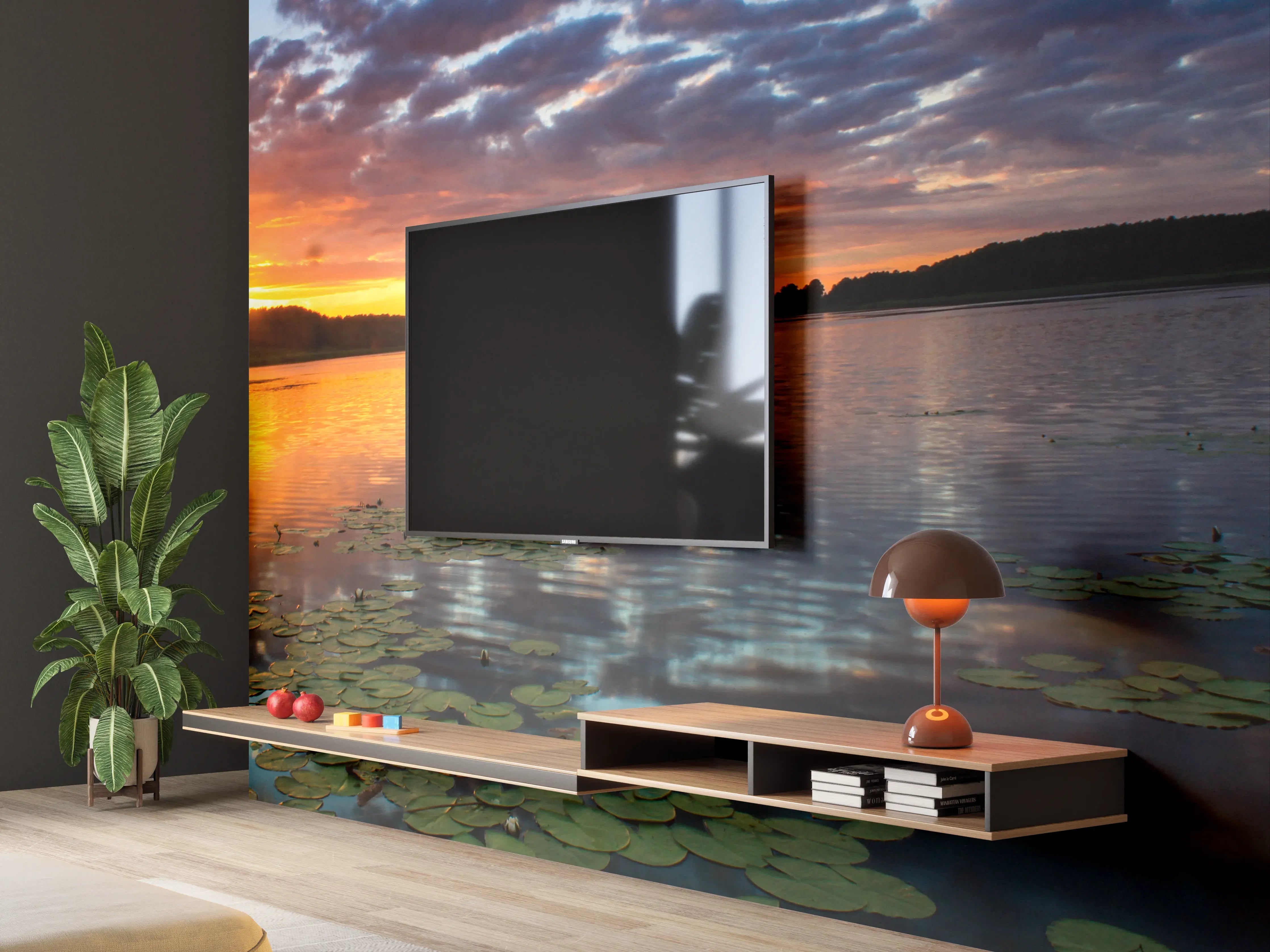 Wandverkleidung Wohnzimmer - Traumhafter Sonnenuntergang über dem Wasser