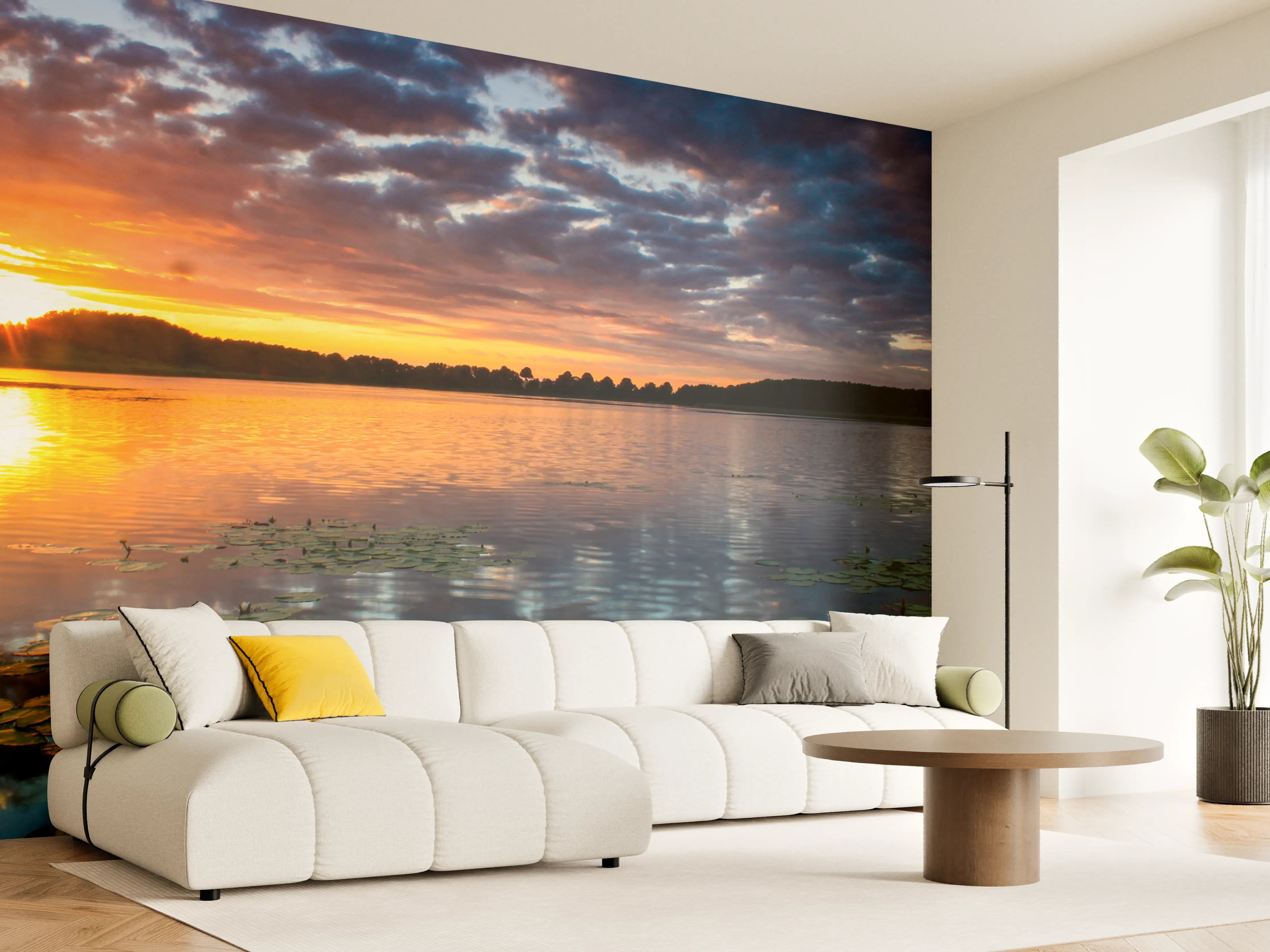 Wandverkleidung Wohnzimmer - Traumhafter Sonnenuntergang über dem Wasser