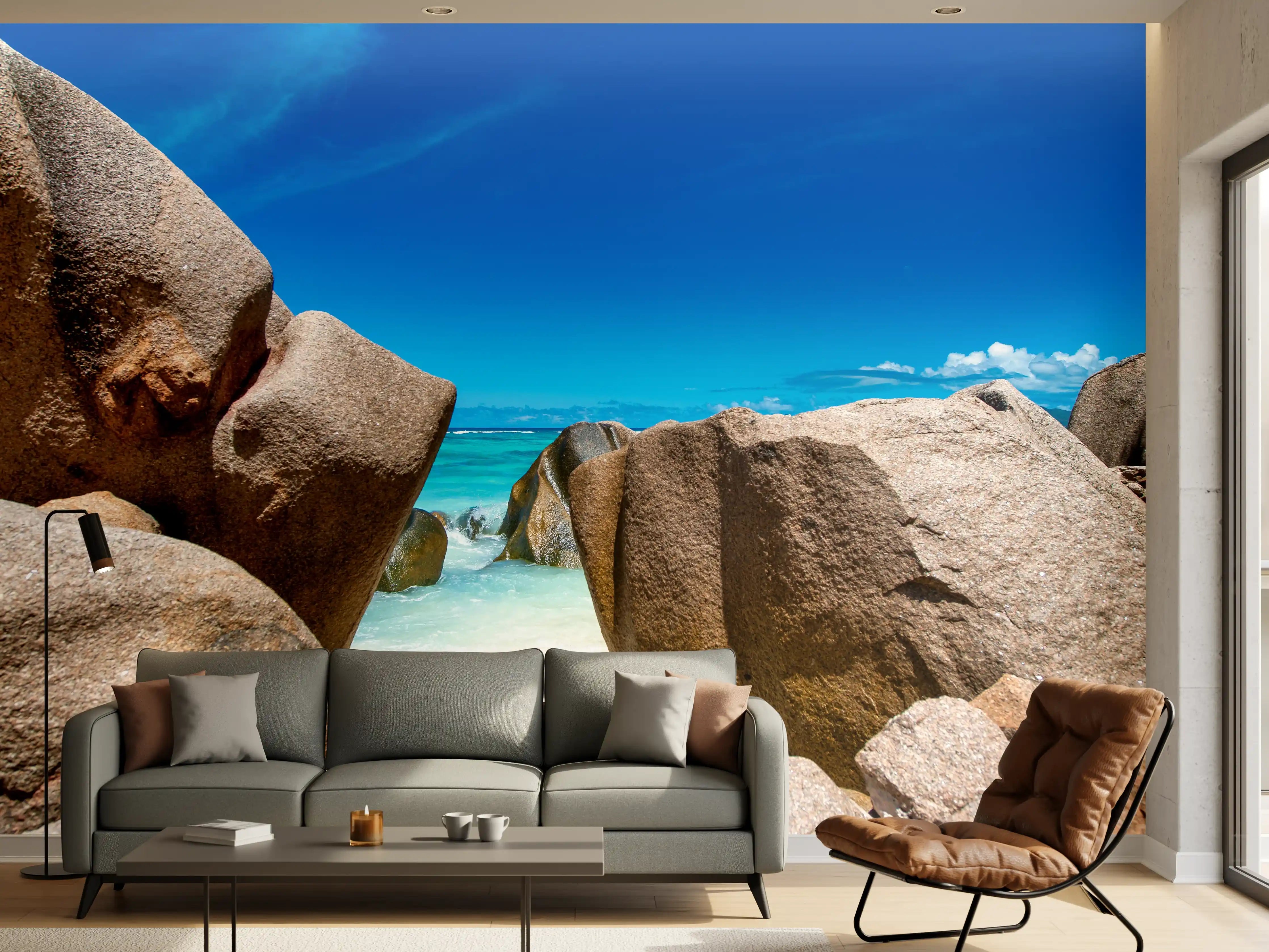 Wandverkleidung Wohnzimmer - Traumhafter Strand mit Felsformationen und klarer See