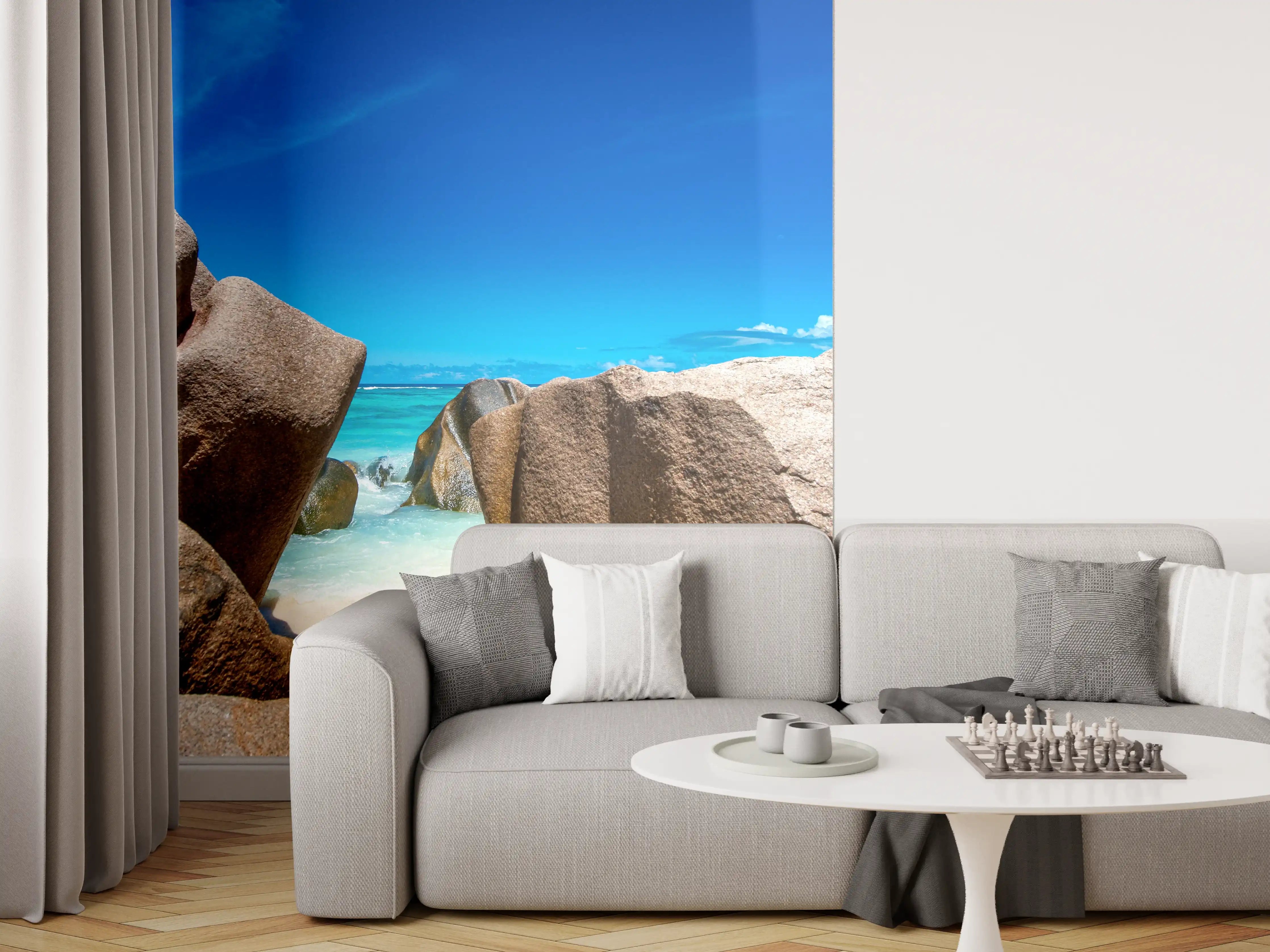 Wandverkleidung Wohnzimmer - Traumhafter Strand mit Felsformationen und klarer See