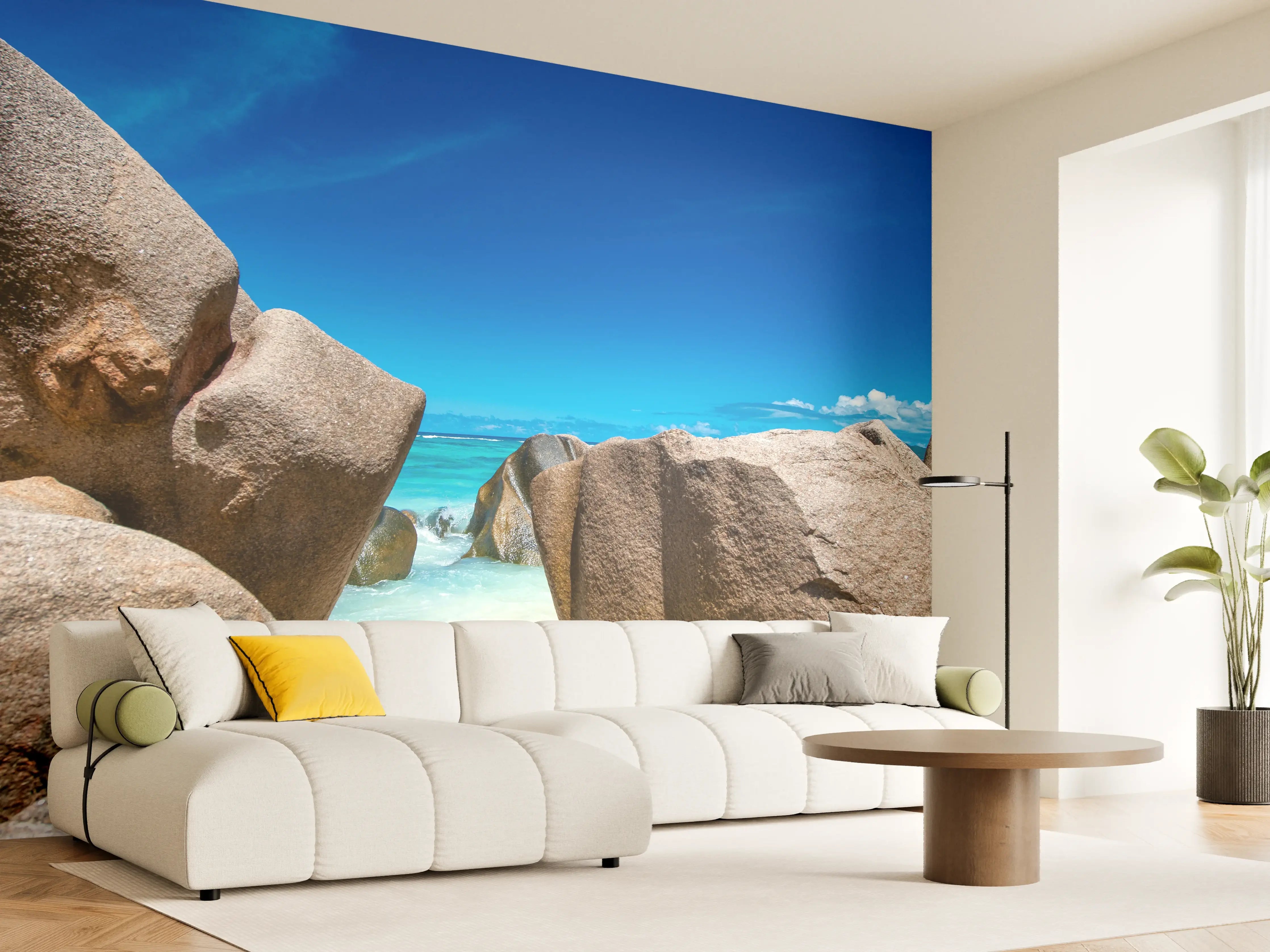 Wandverkleidung Wohnzimmer - Traumhafter Strand mit Felsformationen und klarer See