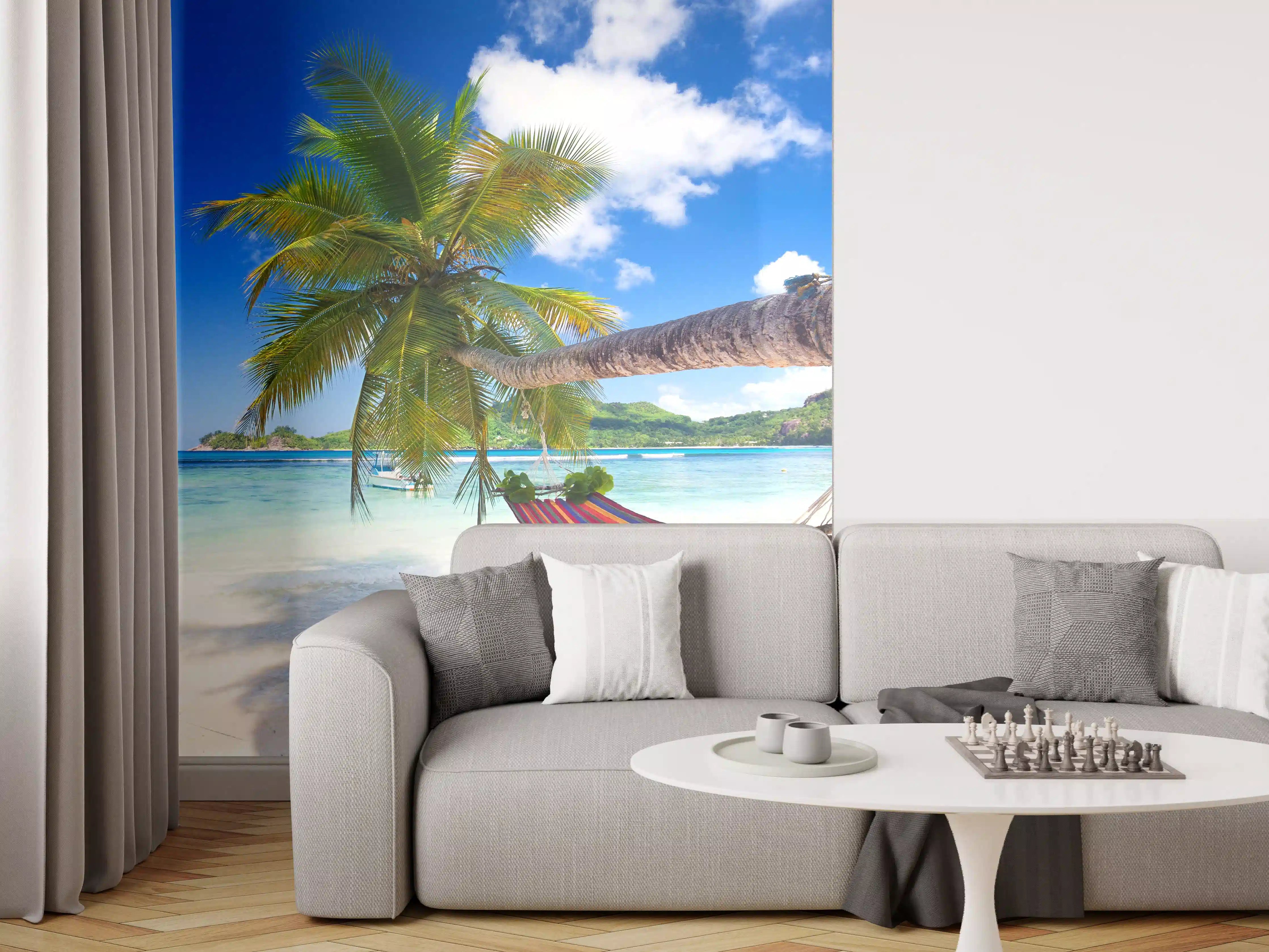 Wandverkleidung Wohnzimmer - Traumhafter Strand mit Hängematte und Palmen