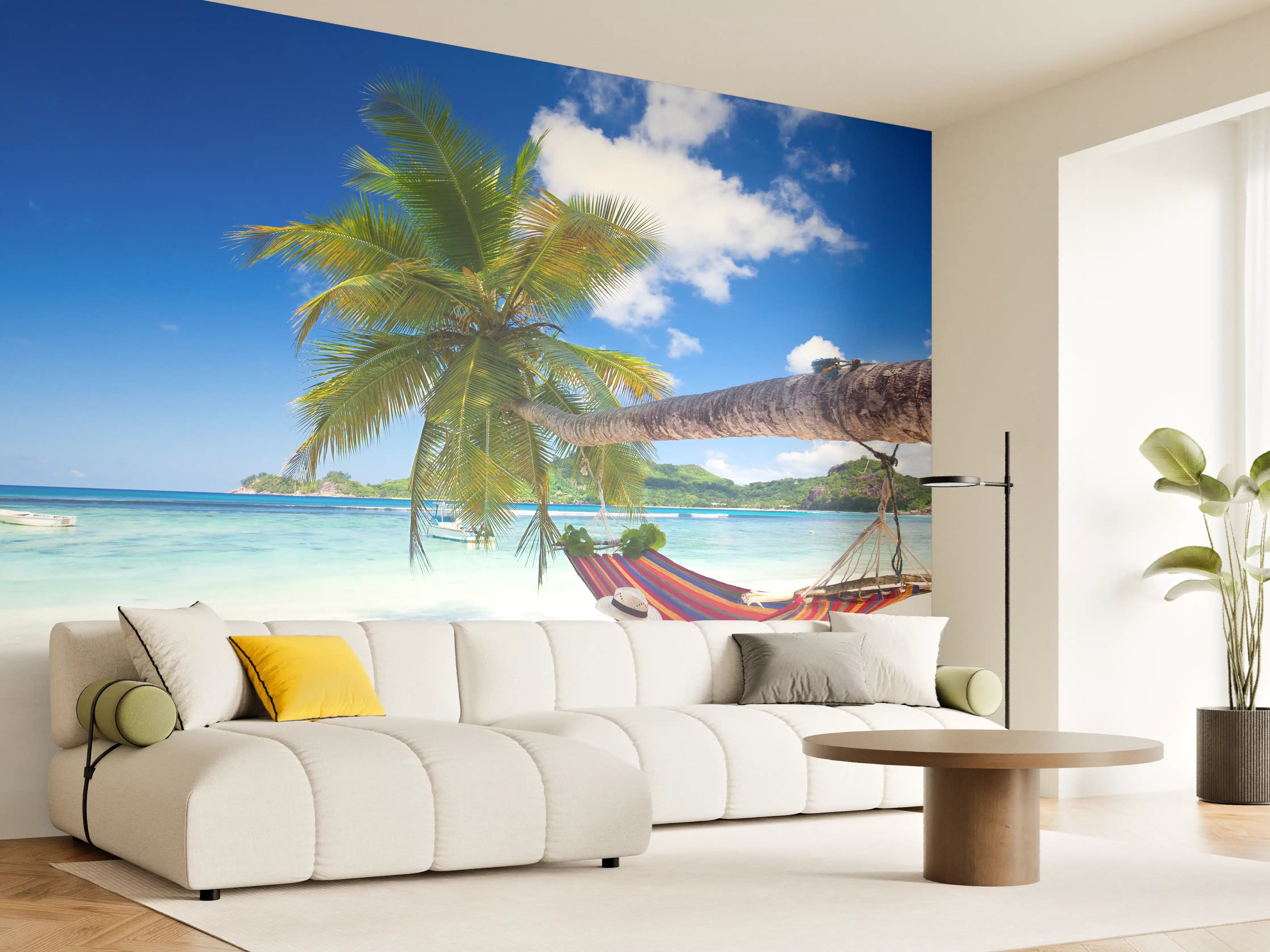 Wandverkleidung Wohnzimmer - Traumhafter Strand mit Hängematte und Palmen