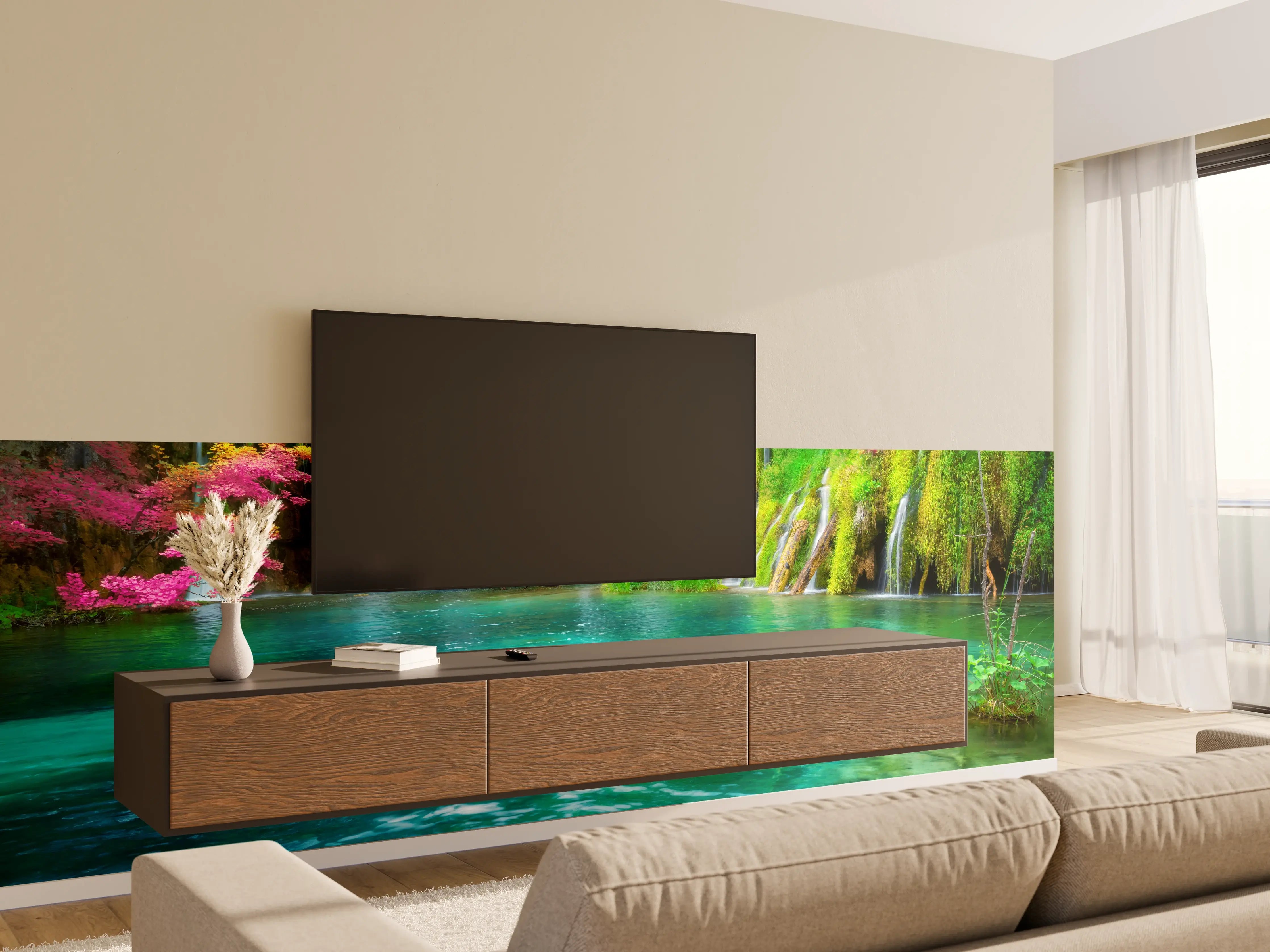 Wandverkleidung Wohnzimmer - Traumhafter Wasserfall inmitten bunter Natur