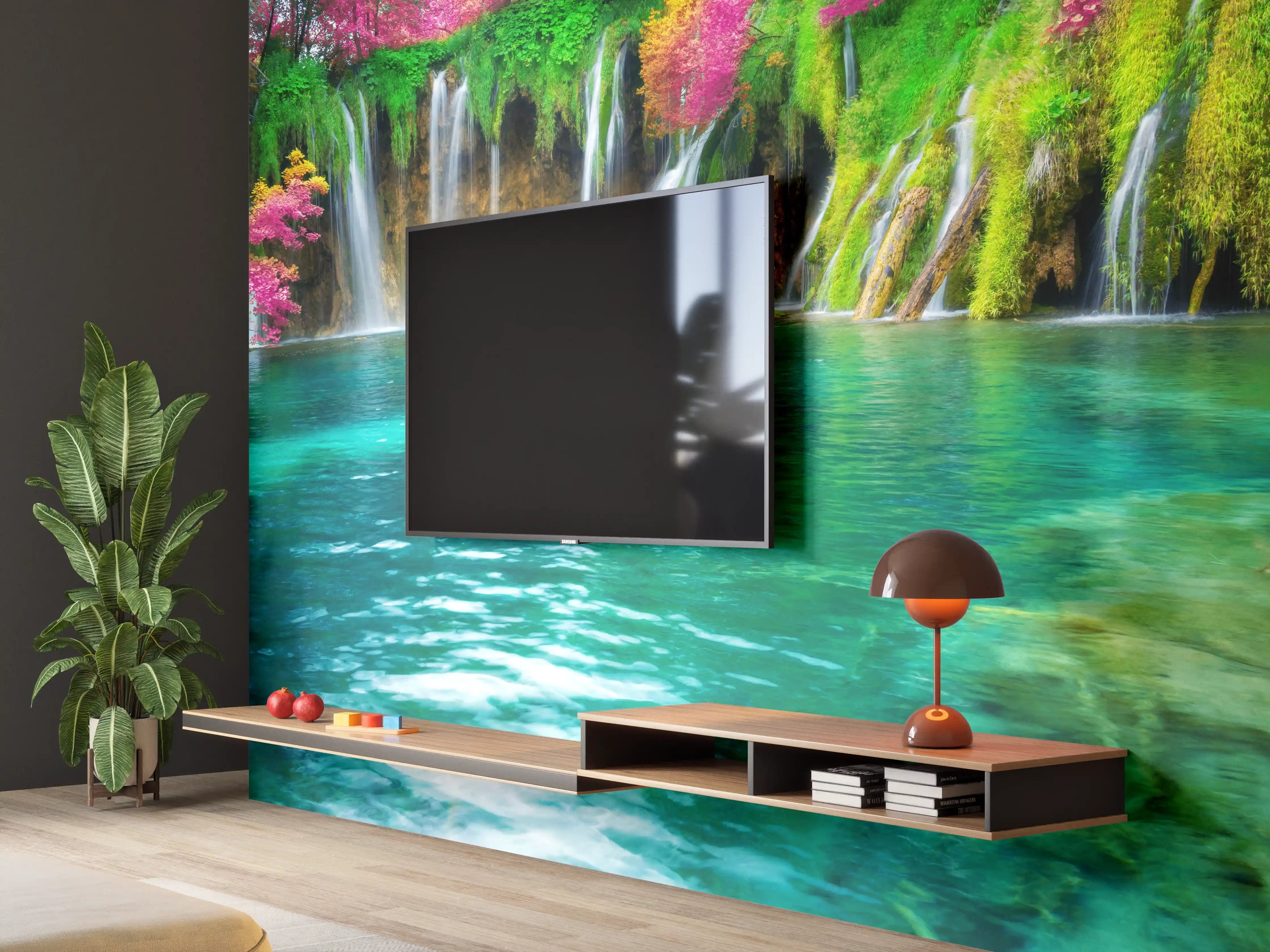 Wandverkleidung Wohnzimmer - Traumhafter Wasserfall inmitten bunter Natur