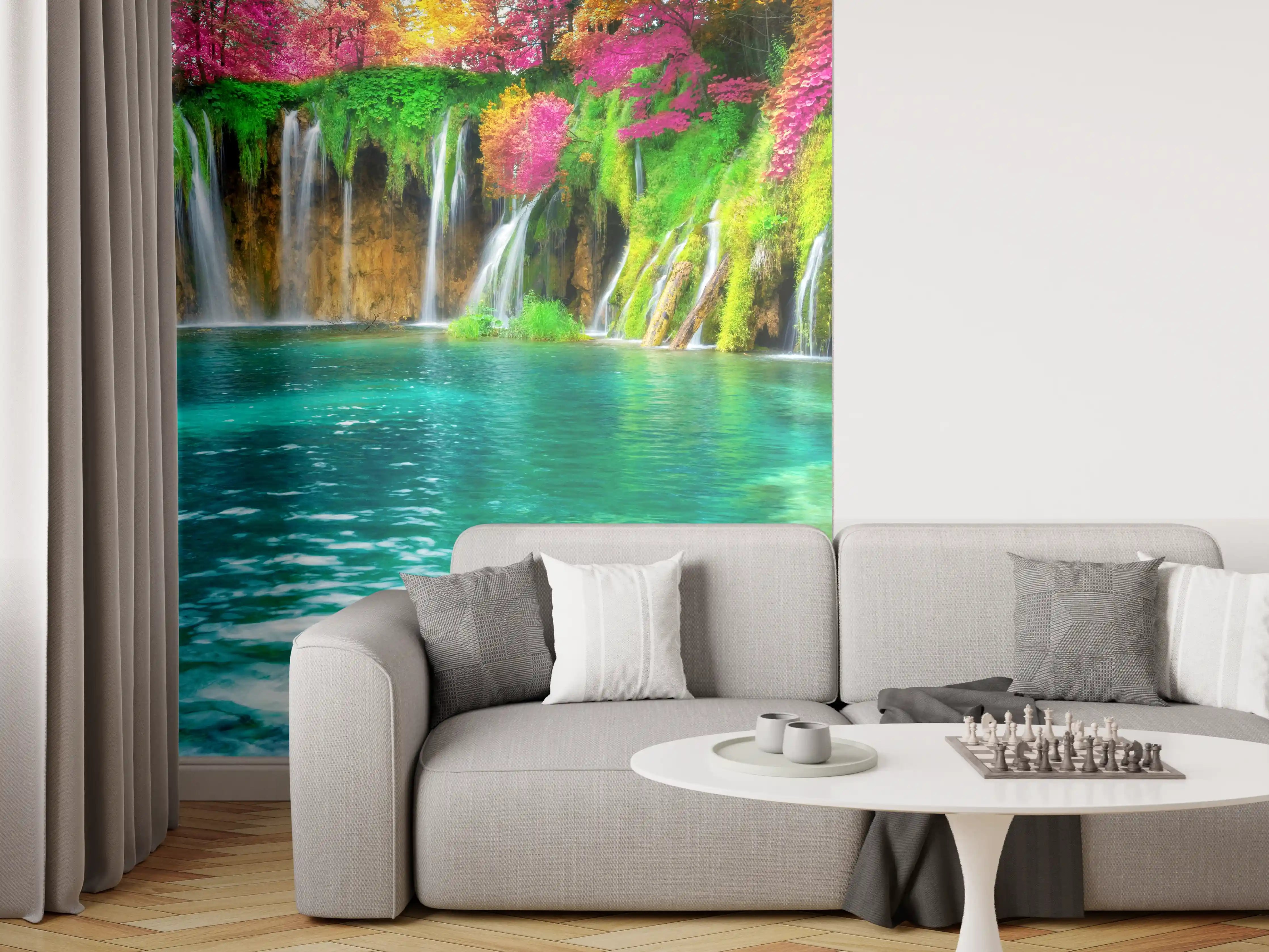 Wandverkleidung Wohnzimmer - Traumhafter Wasserfall inmitten bunter Natur