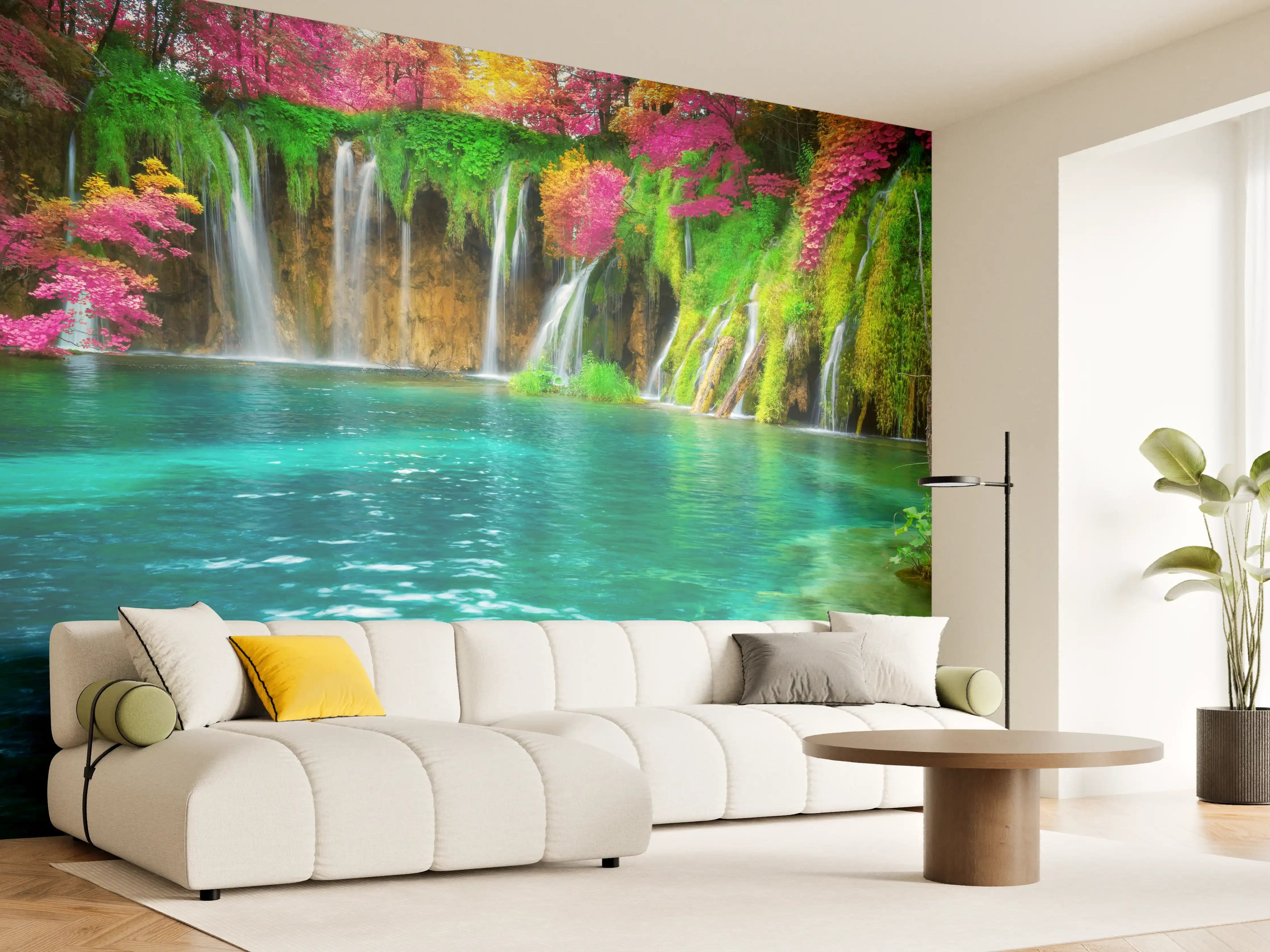 Wandverkleidung Wohnzimmer - Traumhafter Wasserfall inmitten bunter Natur