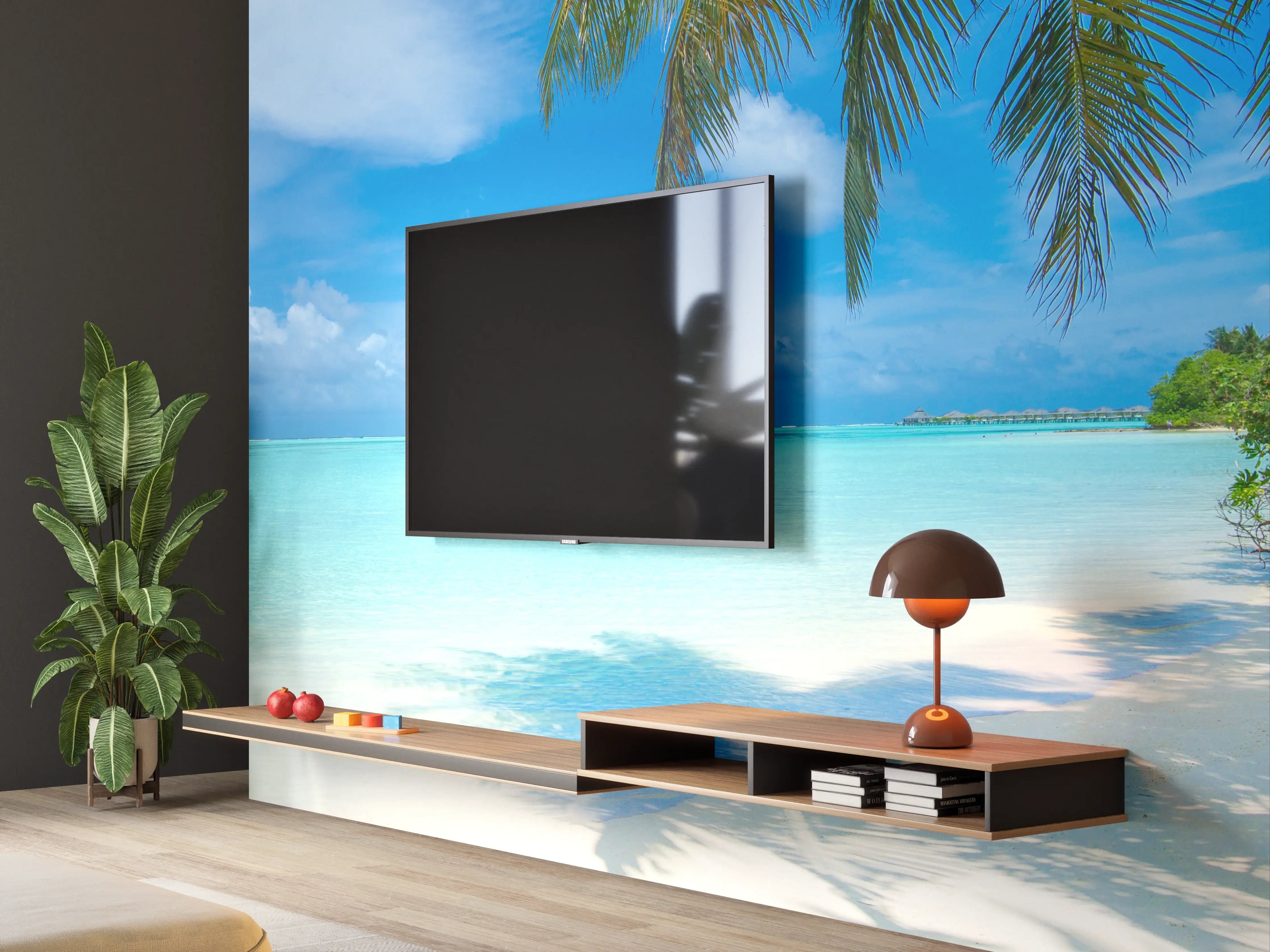 Wandverkleidung Wohnzimmer - Traumstrand mit Palmen und klarem Wasser