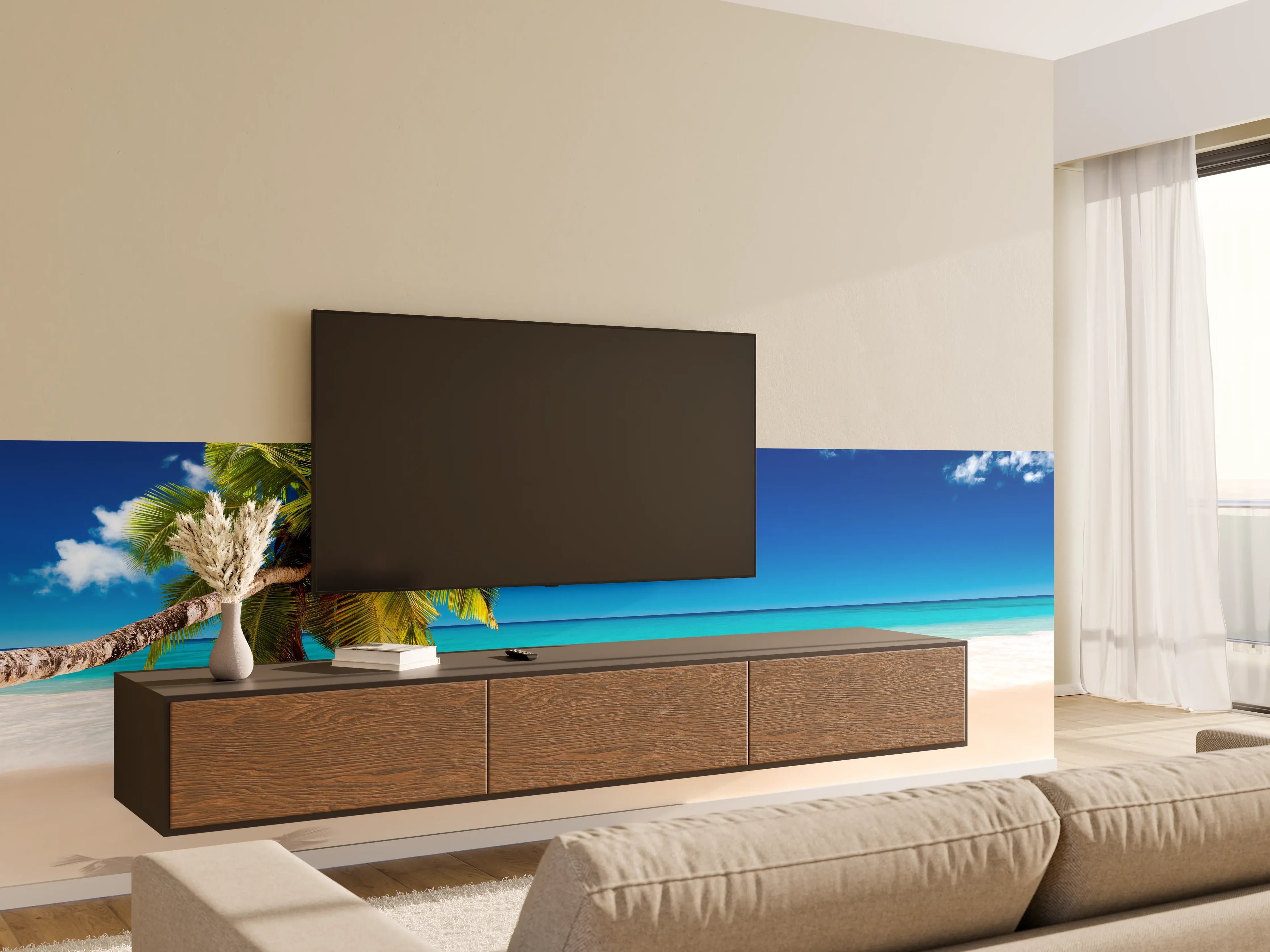 Wandverkleidung Wohnzimmer - Traumstrand mit Palmen unter blauem Himmel