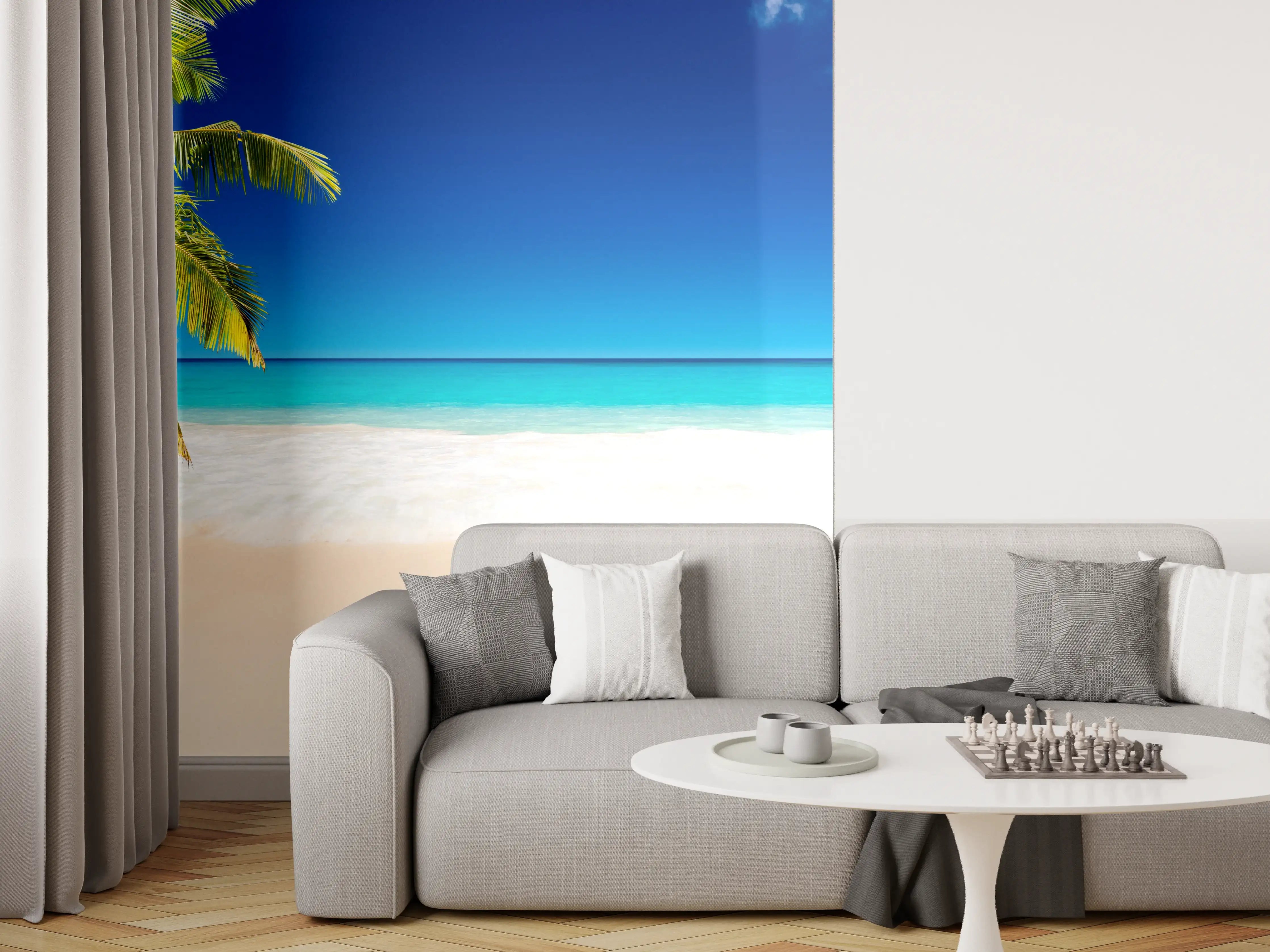 Wandverkleidung Wohnzimmer - Traumstrand mit Palmen unter blauem Himmel