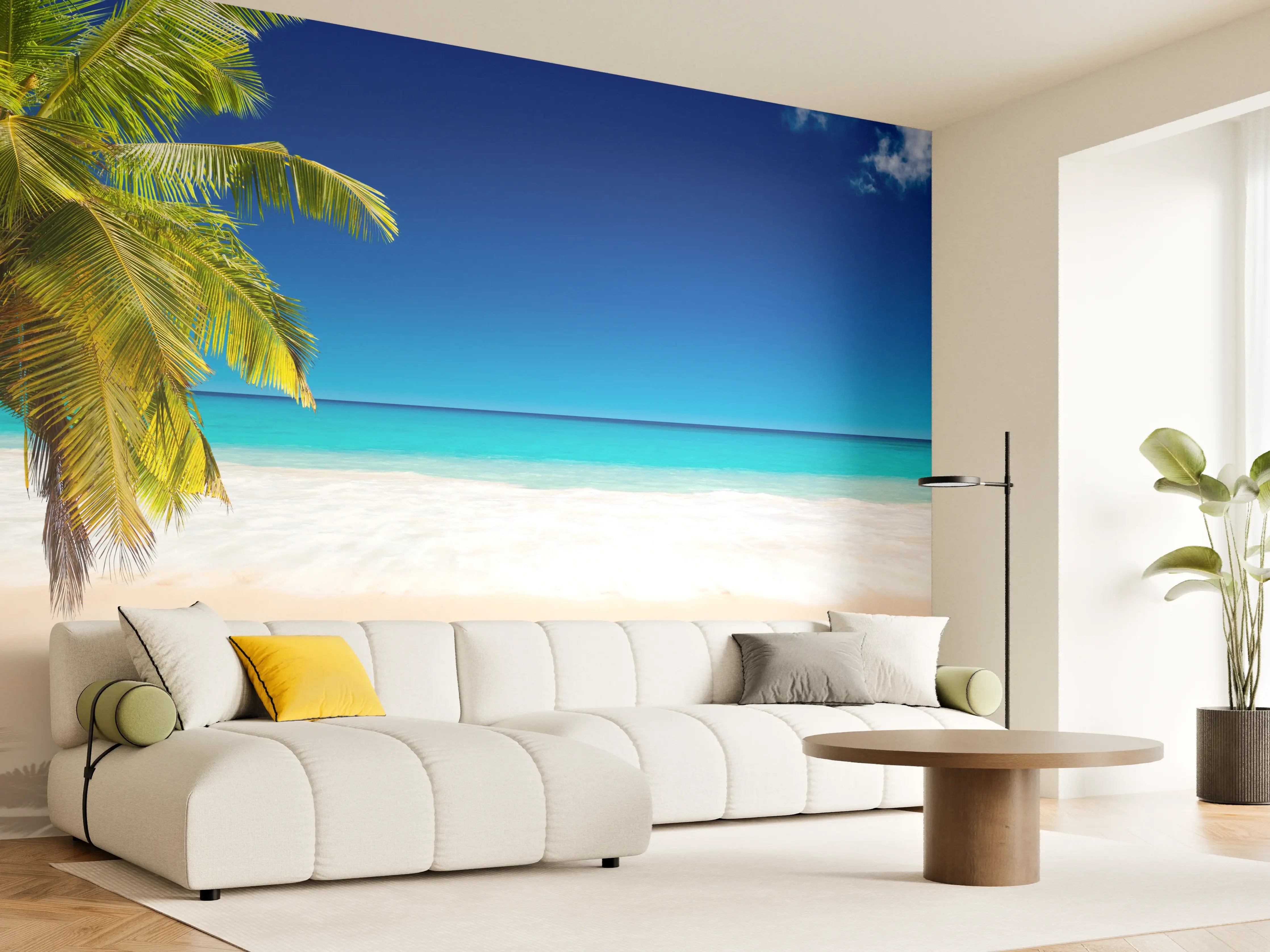 Wandverkleidung Wohnzimmer - Traumstrand mit Palmen unter blauem Himmel