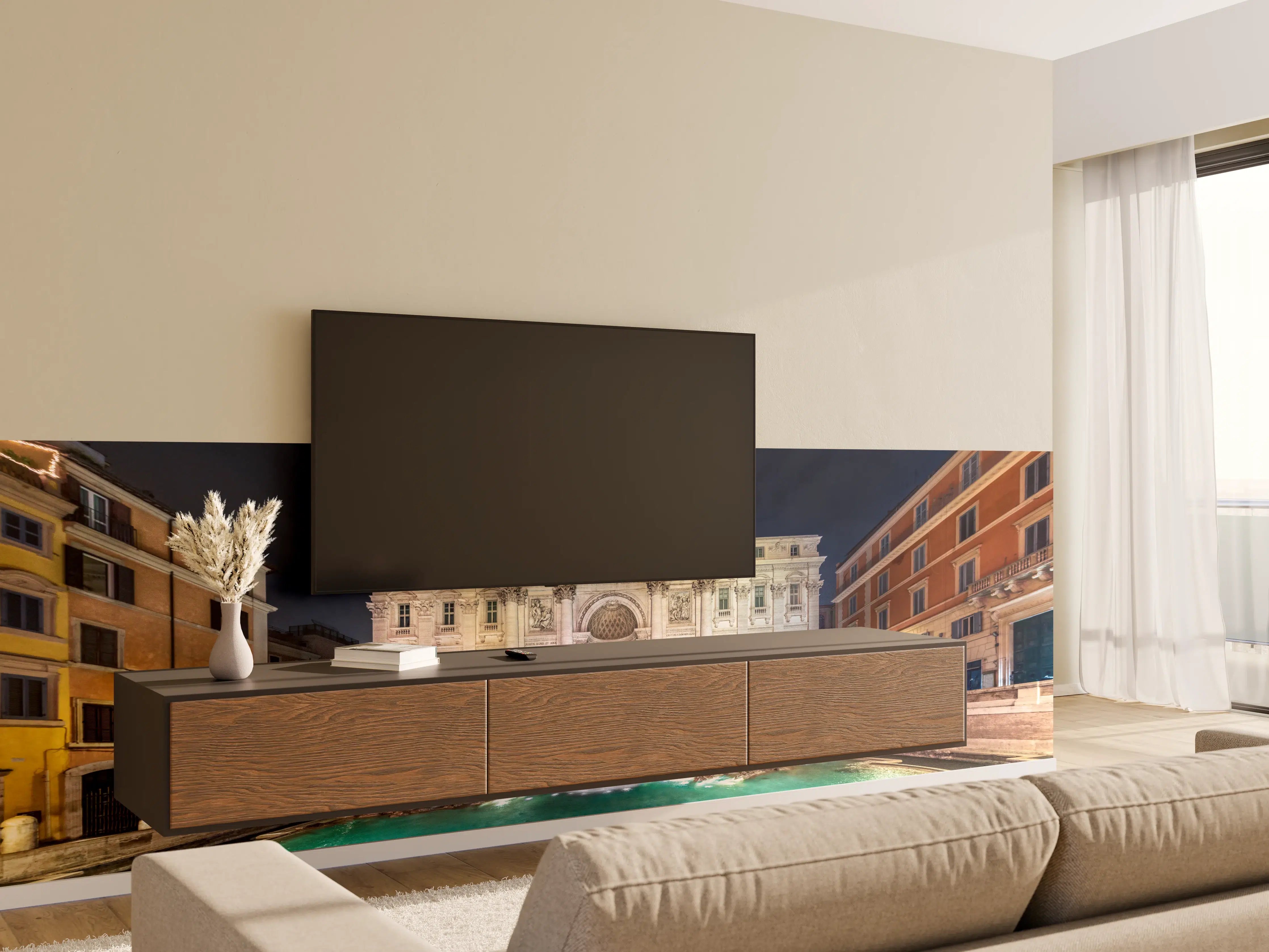 Wandverkleidung Wohnzimmer - Trevi-Brunnen Nacht Türkis-Beige