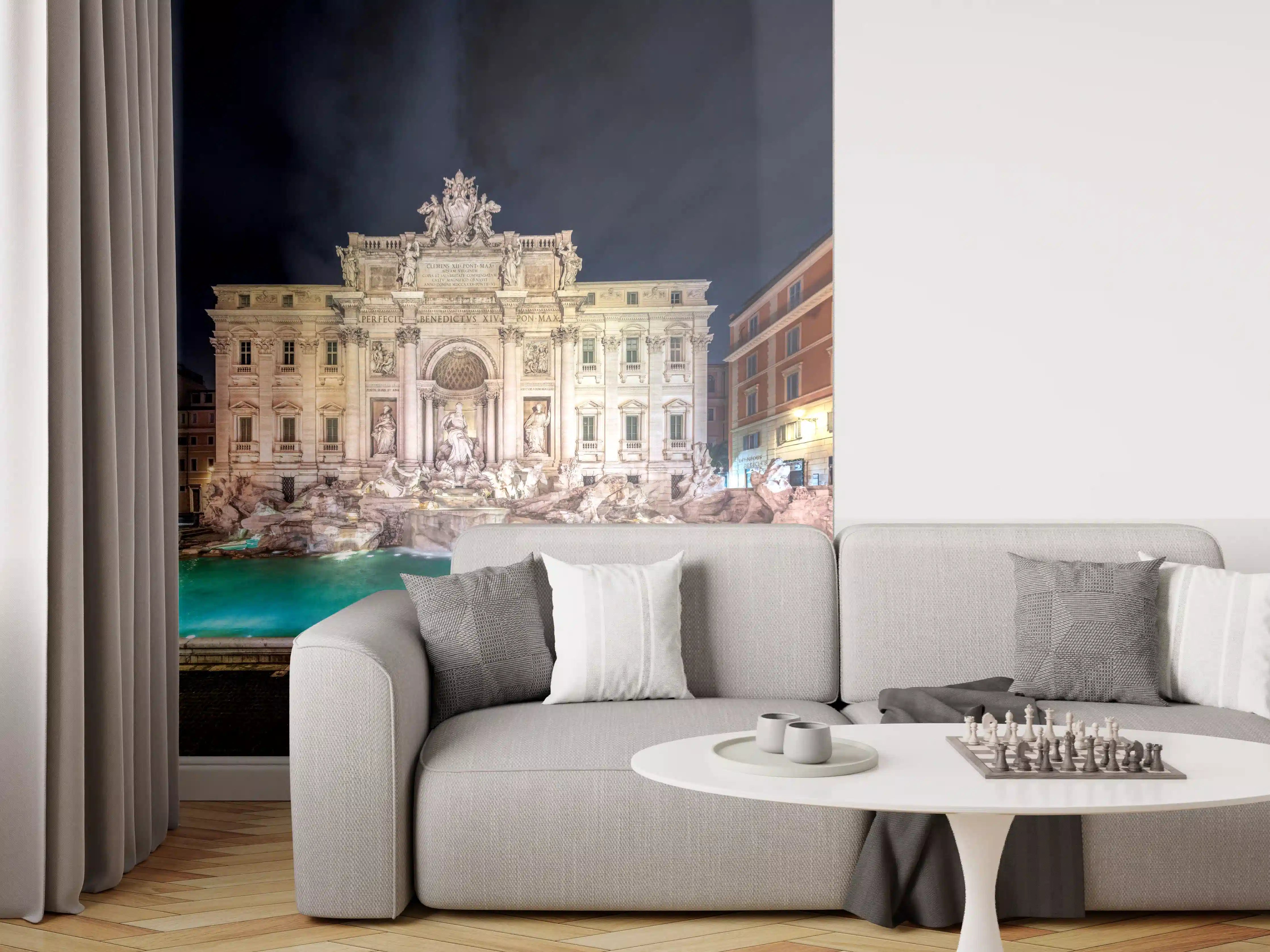 Wandverkleidung Wohnzimmer - Trevi-Brunnen Nacht Türkis-Beige