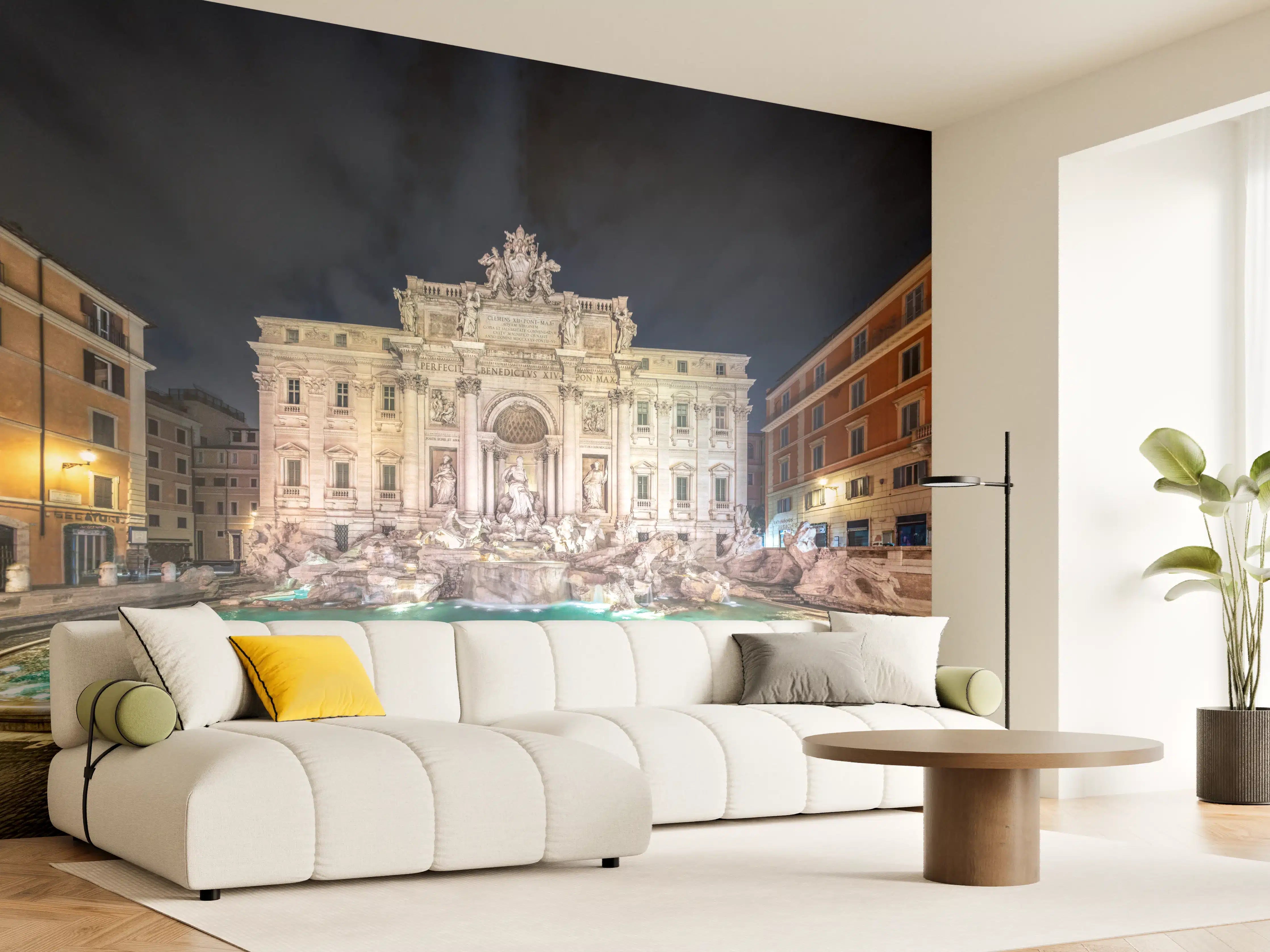 Wandverkleidung Wohnzimmer - Trevi-Brunnen Nacht Türkis-Beige