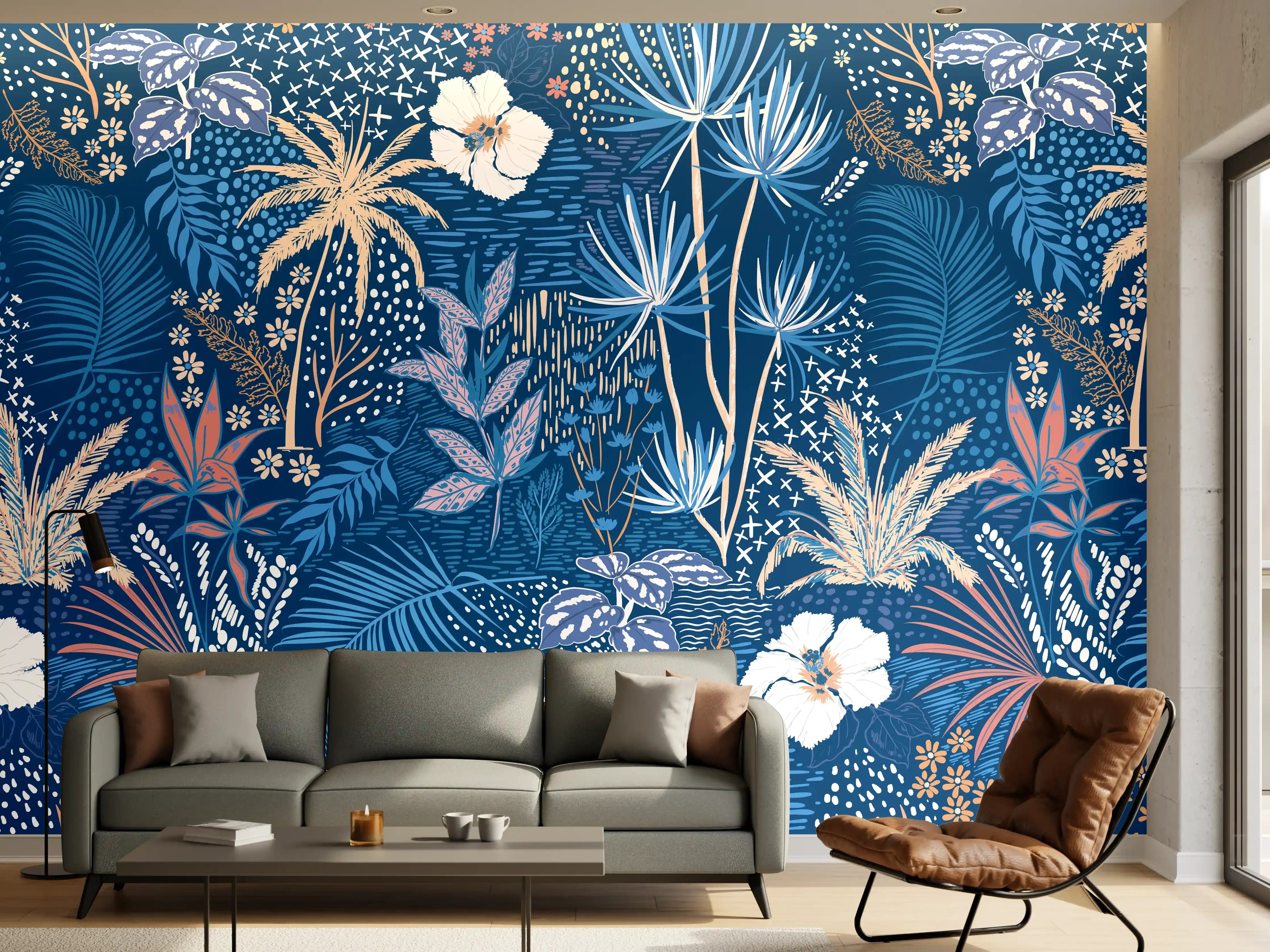 Wandverkleidung Wohnzimmer - Tropische Azurblätter