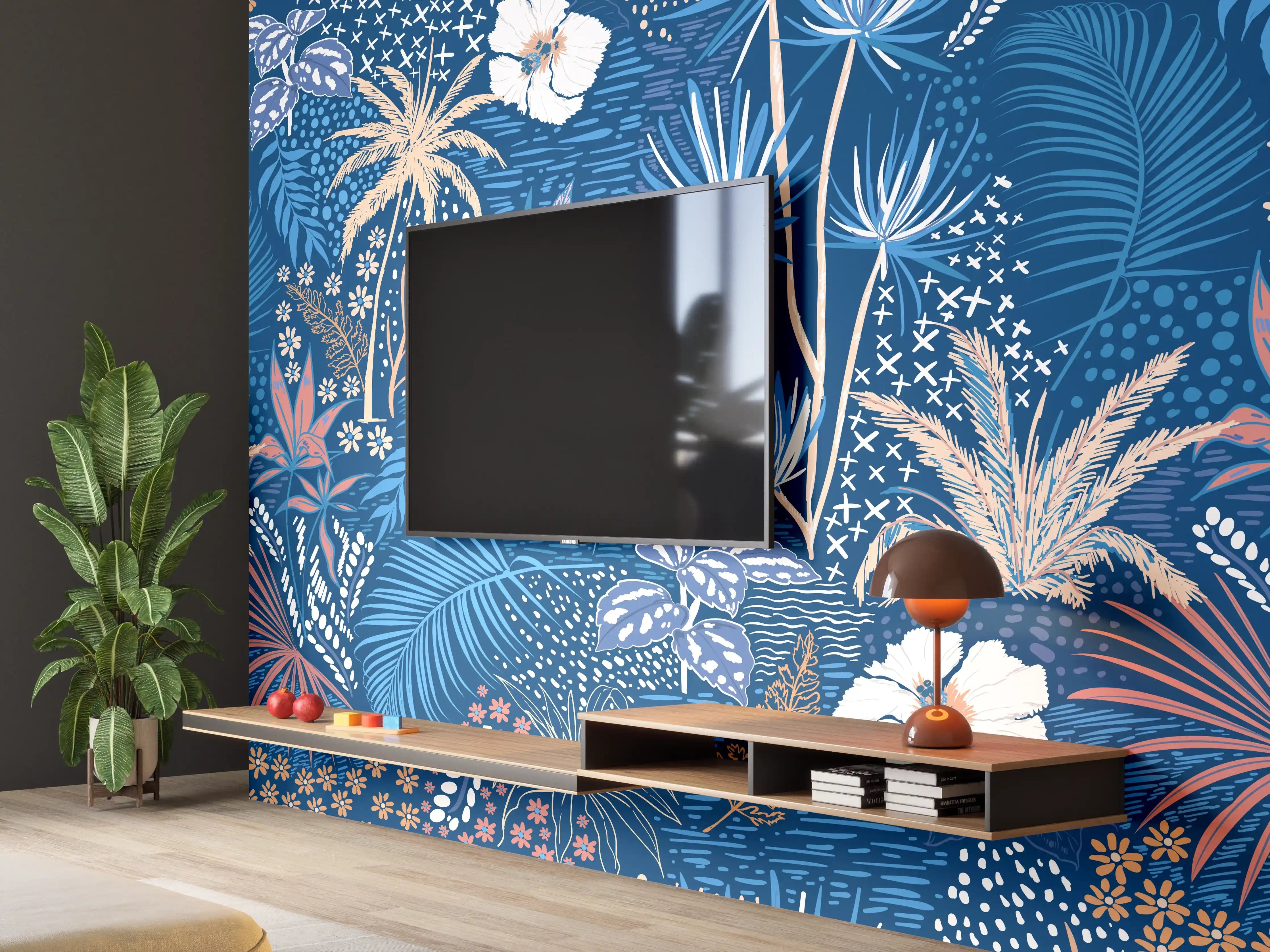 Wandverkleidung Wohnzimmer - Tropische Azurblätter