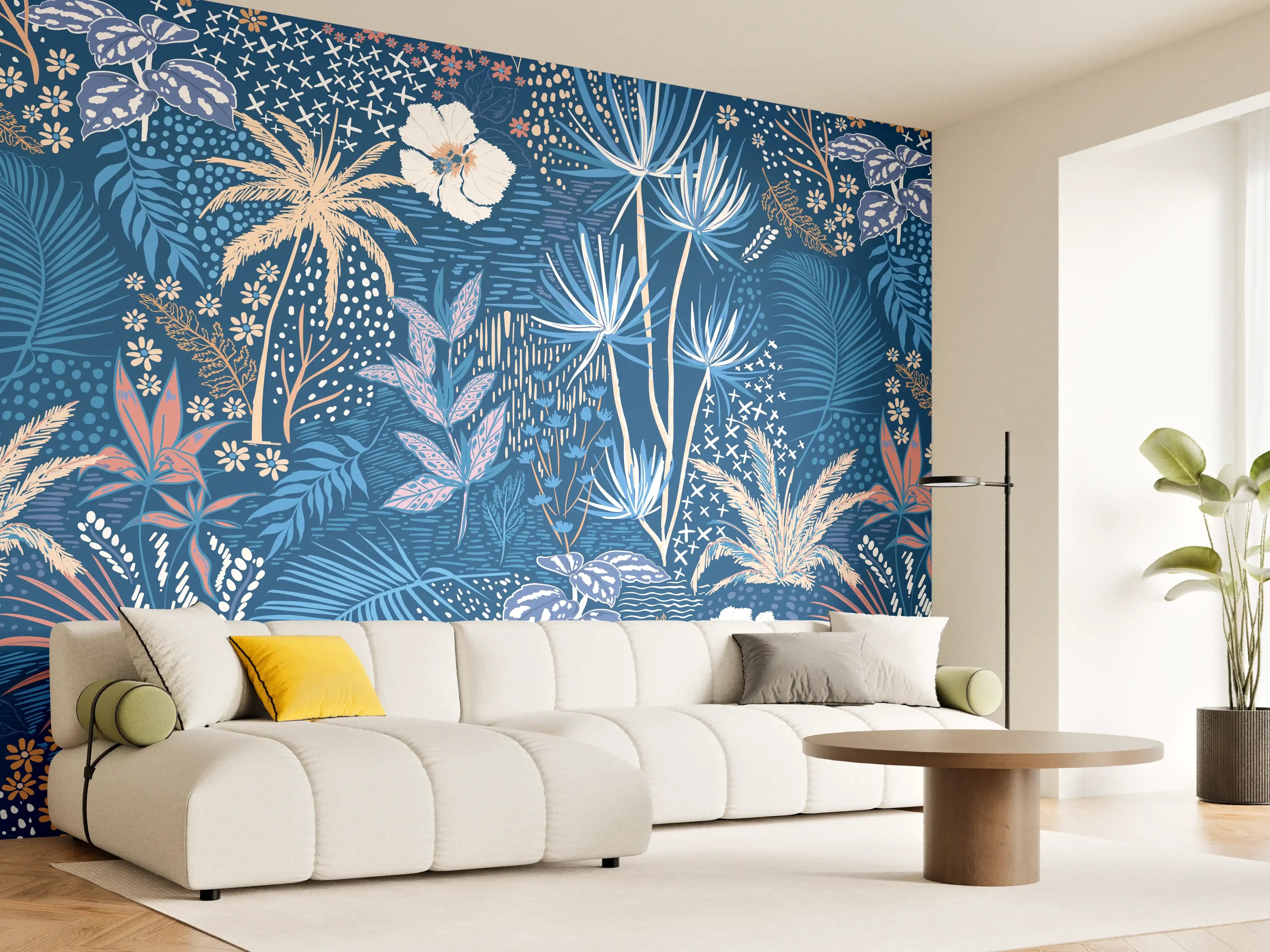 Wandverkleidung Wohnzimmer - Tropische Azurblätter