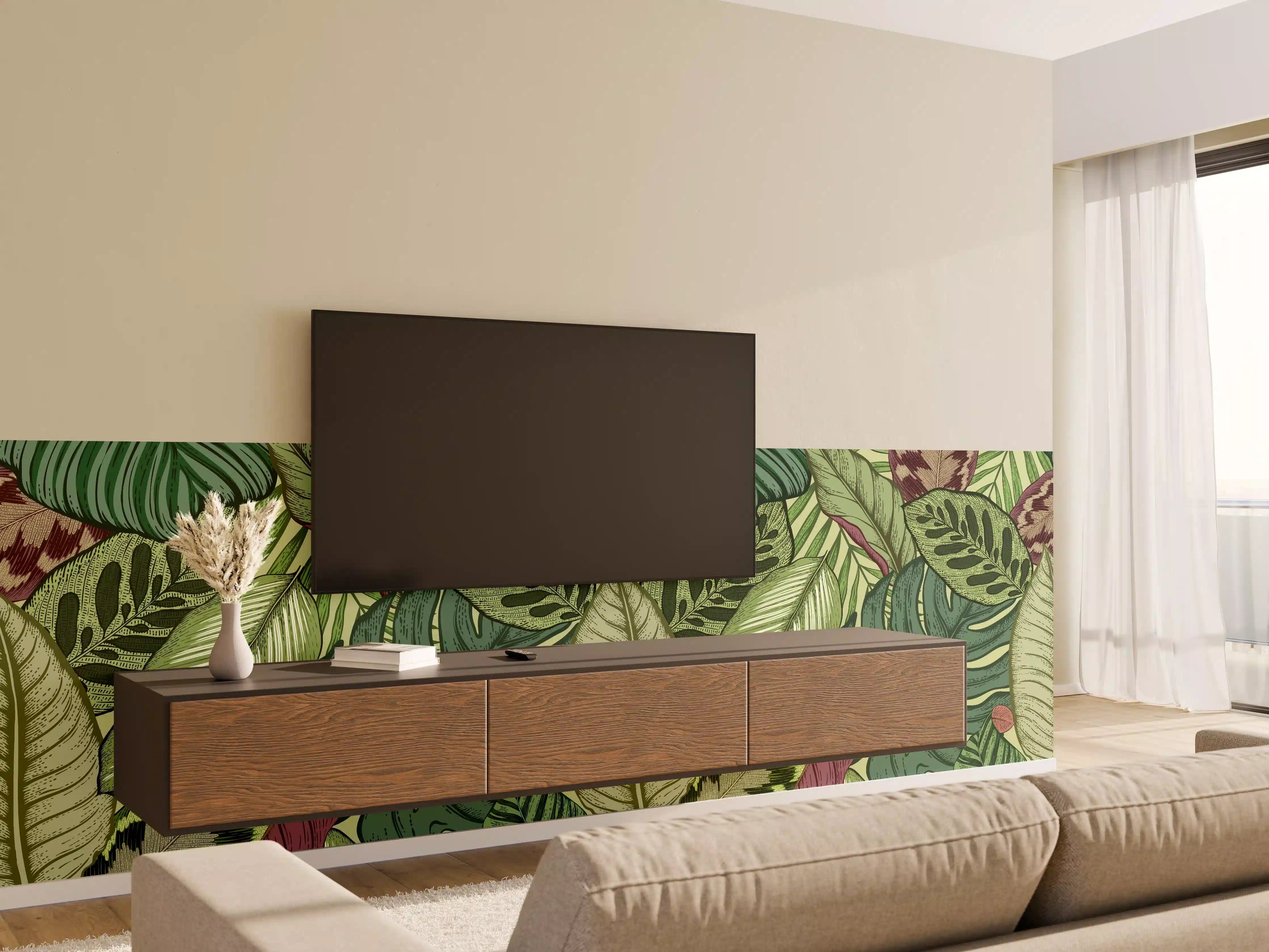 Wandverkleidung Wohnzimmer - Tropische Blätter Grün-Beige