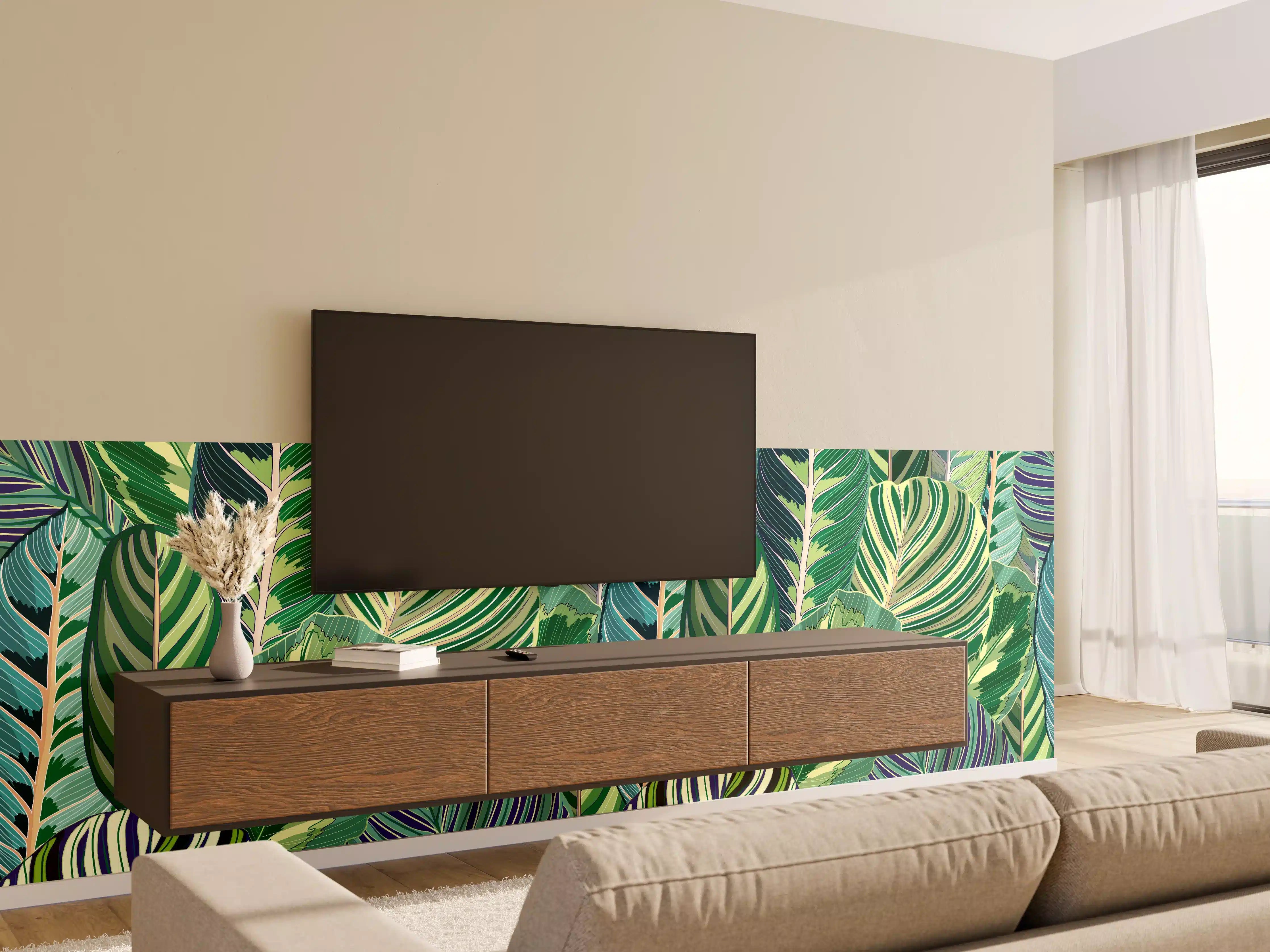 Wandverkleidung Wohnzimmer - Tropische Blätter Grün-Türkis-Lila