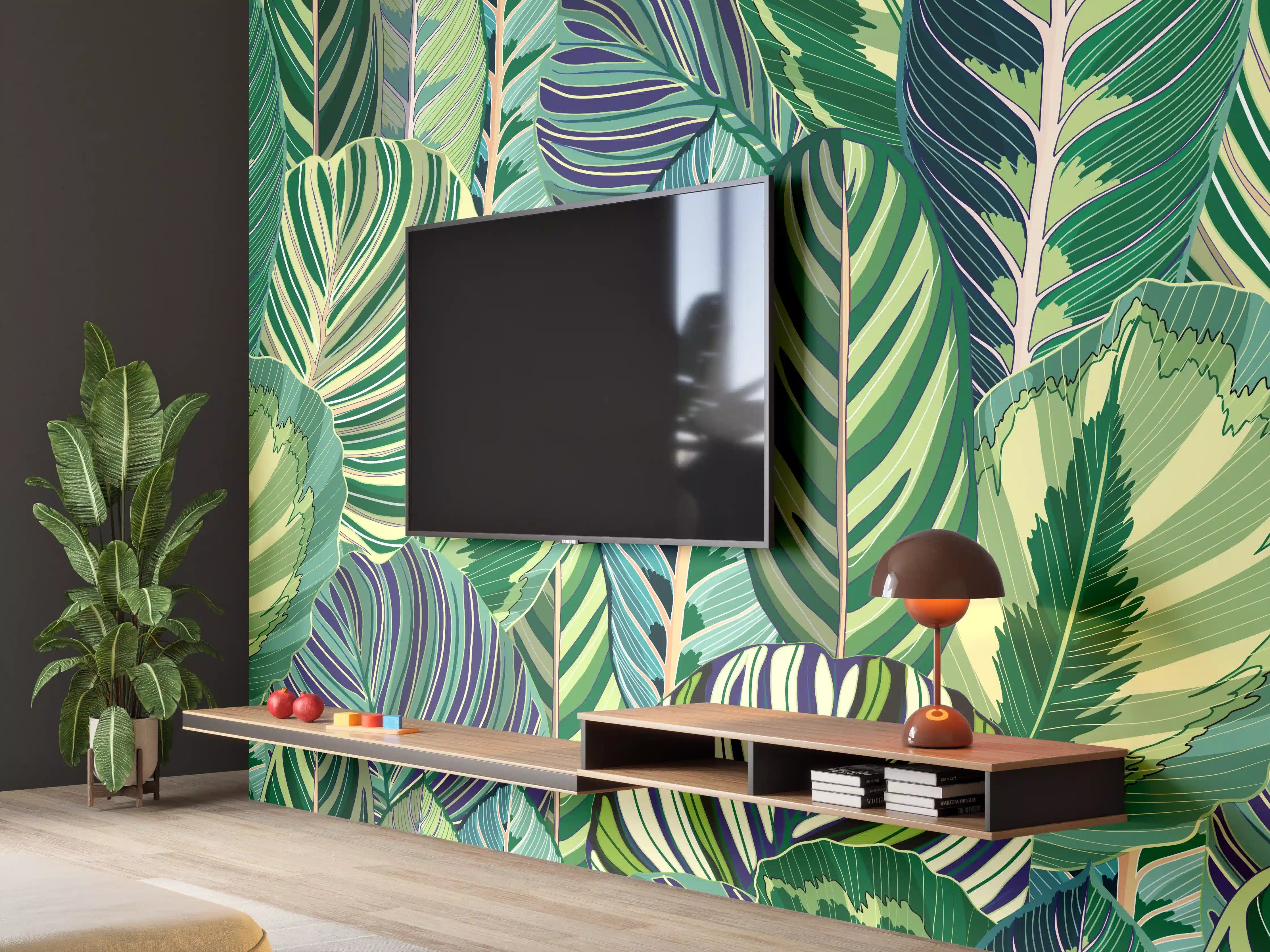 Wandverkleidung Wohnzimmer - Tropische Blätter Grün-Türkis-Lila